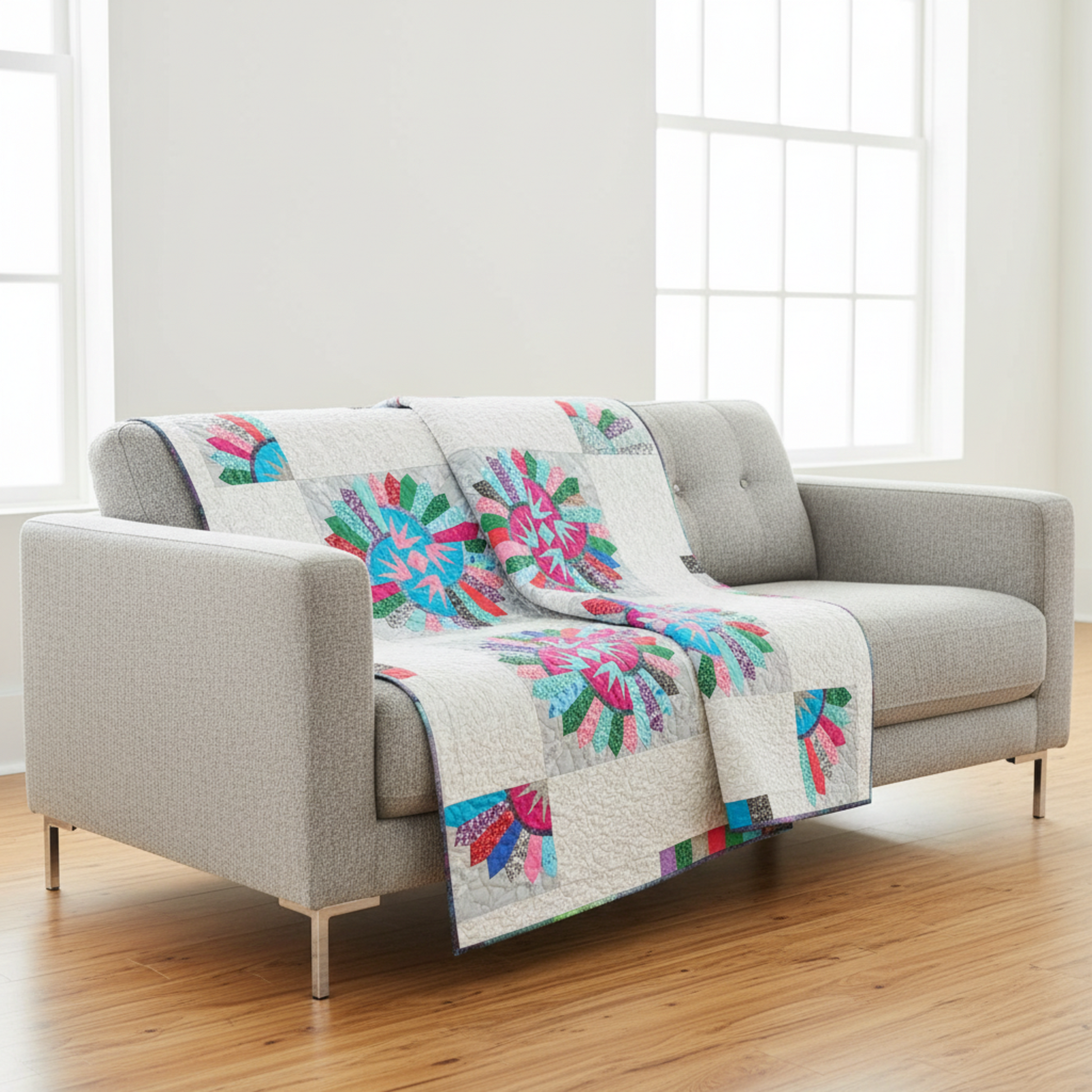 Colorful quilt draped over a gray sofa in a bright room with large windows.