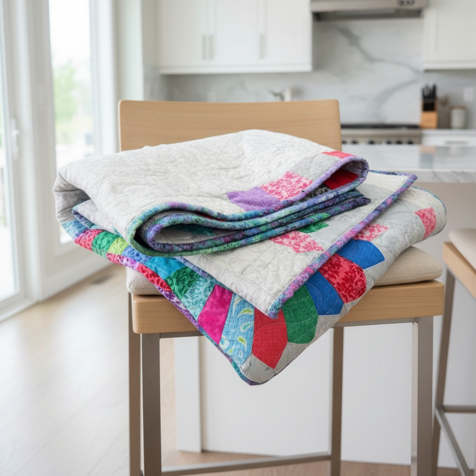 Colorful quilt with a patchwork design on a wooden surface