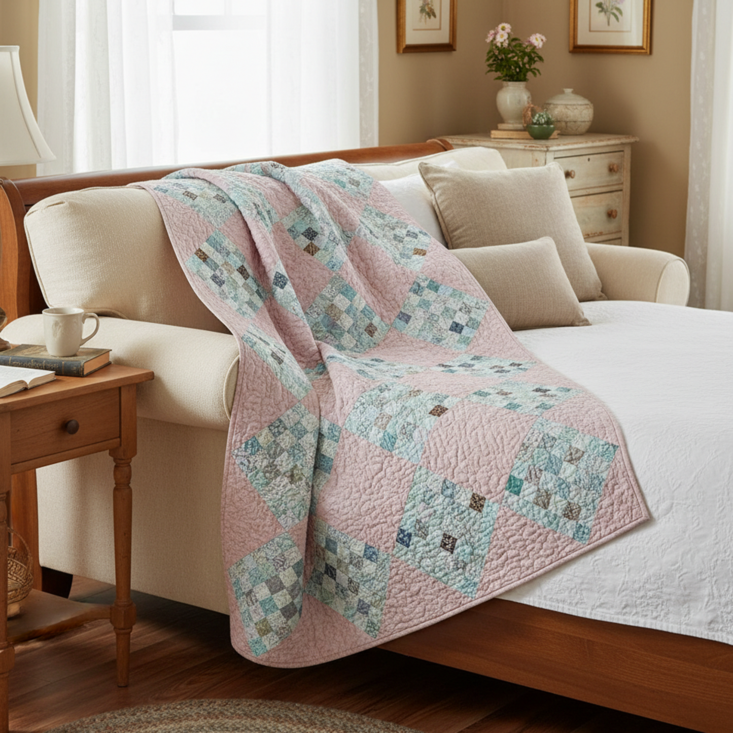 Peach patchwork throw quilt draped over bed in cozy home setting