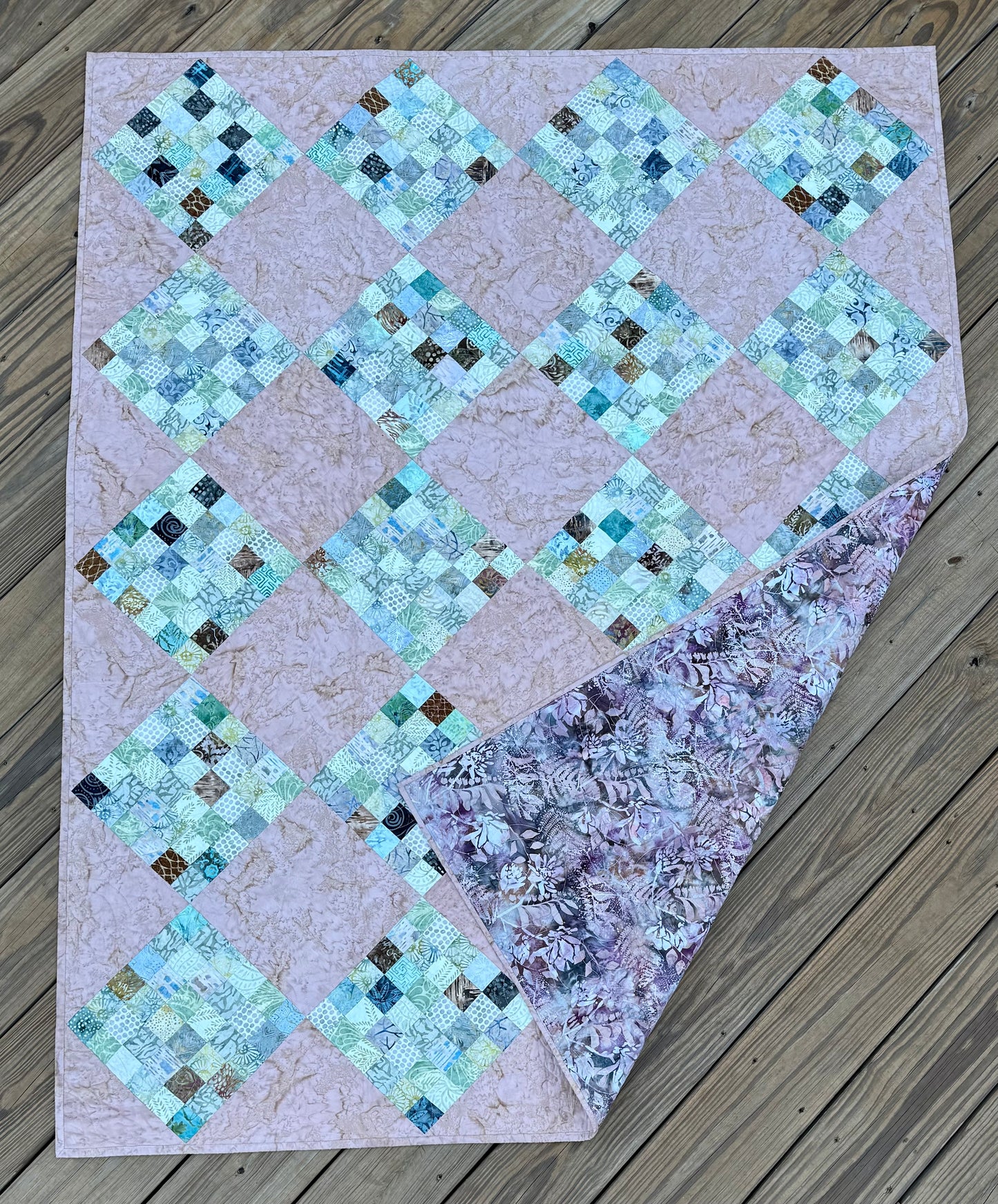 36-Patch Peach Quilt – 52" x 64" Handmade Lap/ Throw Quilt