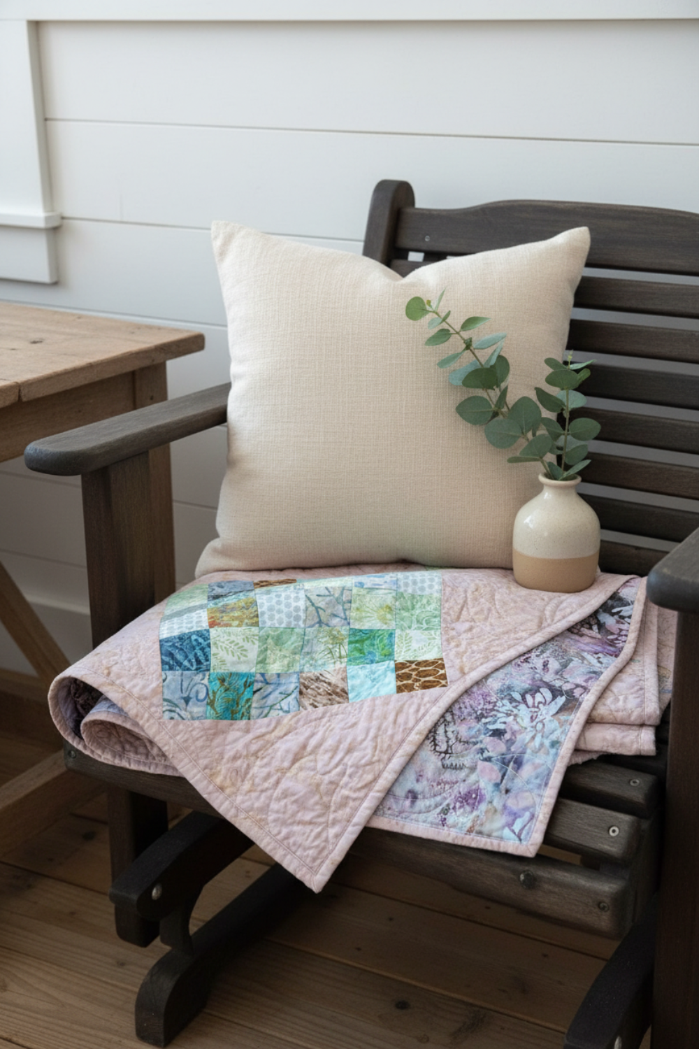 36-patch peach quilt with coordinating floral backing and classic patchwork front