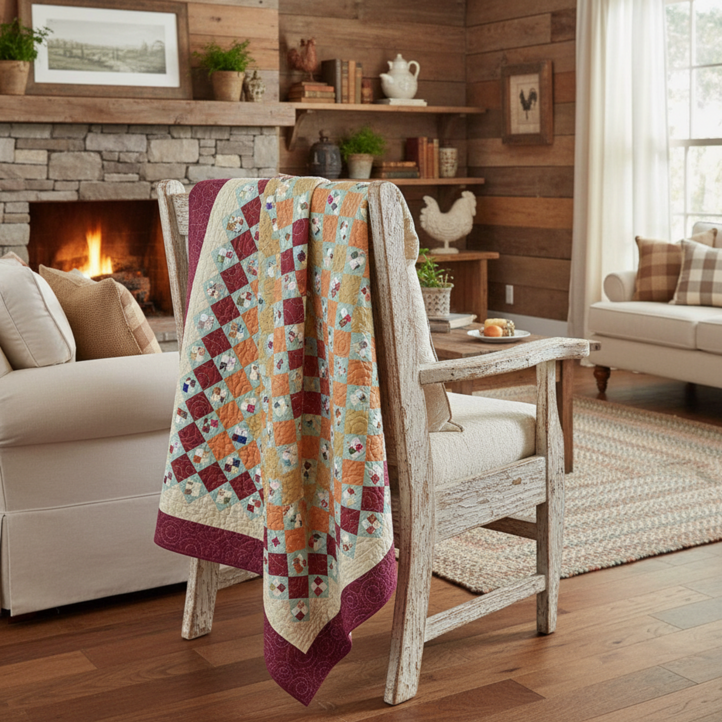 Colorful quilt draped over a chair in a cozy living room with a fireplace and wooden walls.