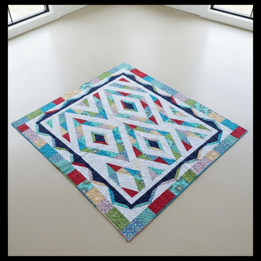 Modern handmade Prism quilt with colorful diamond pattern laid flat outdoors