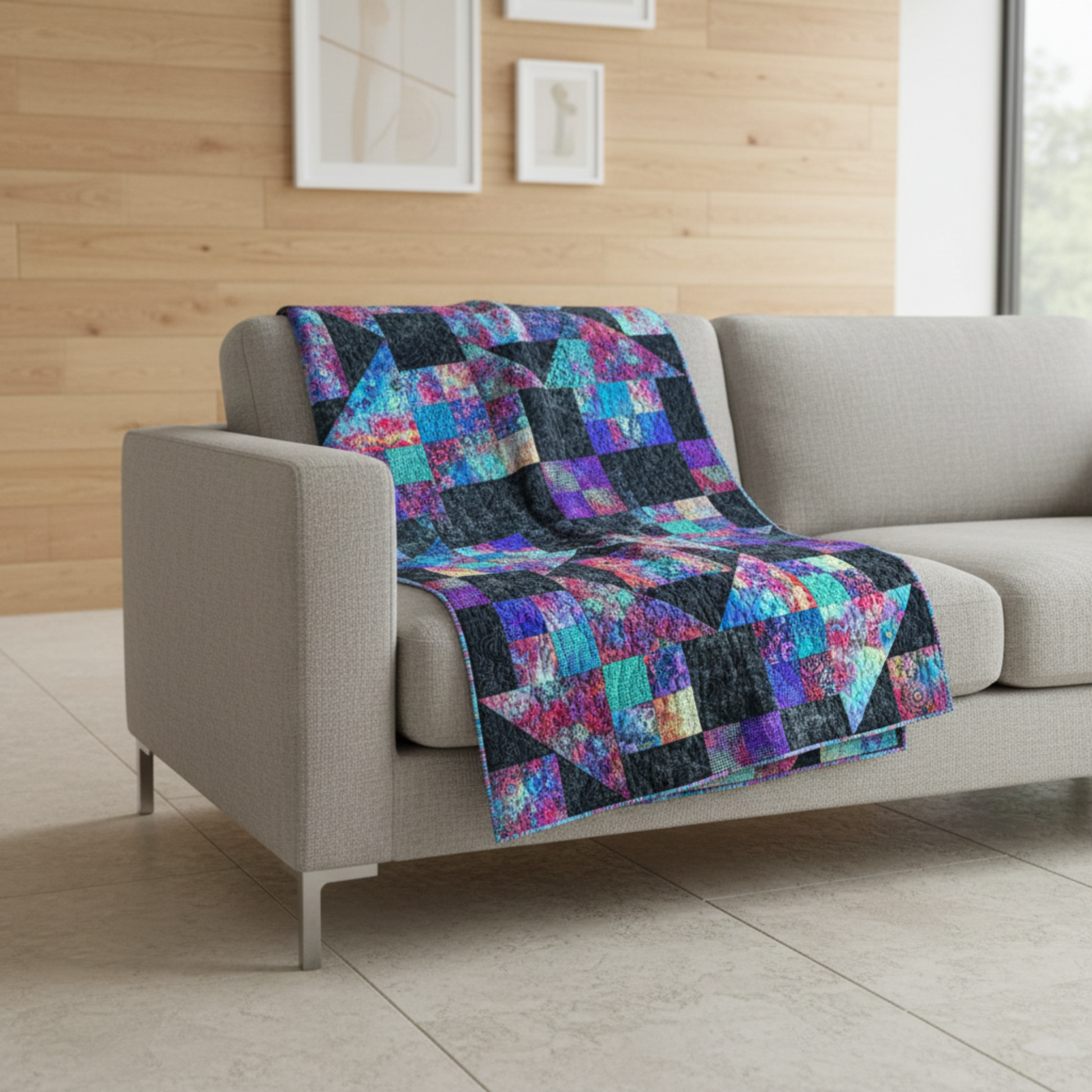 Jewels of the Night handmade quilt over a sofa