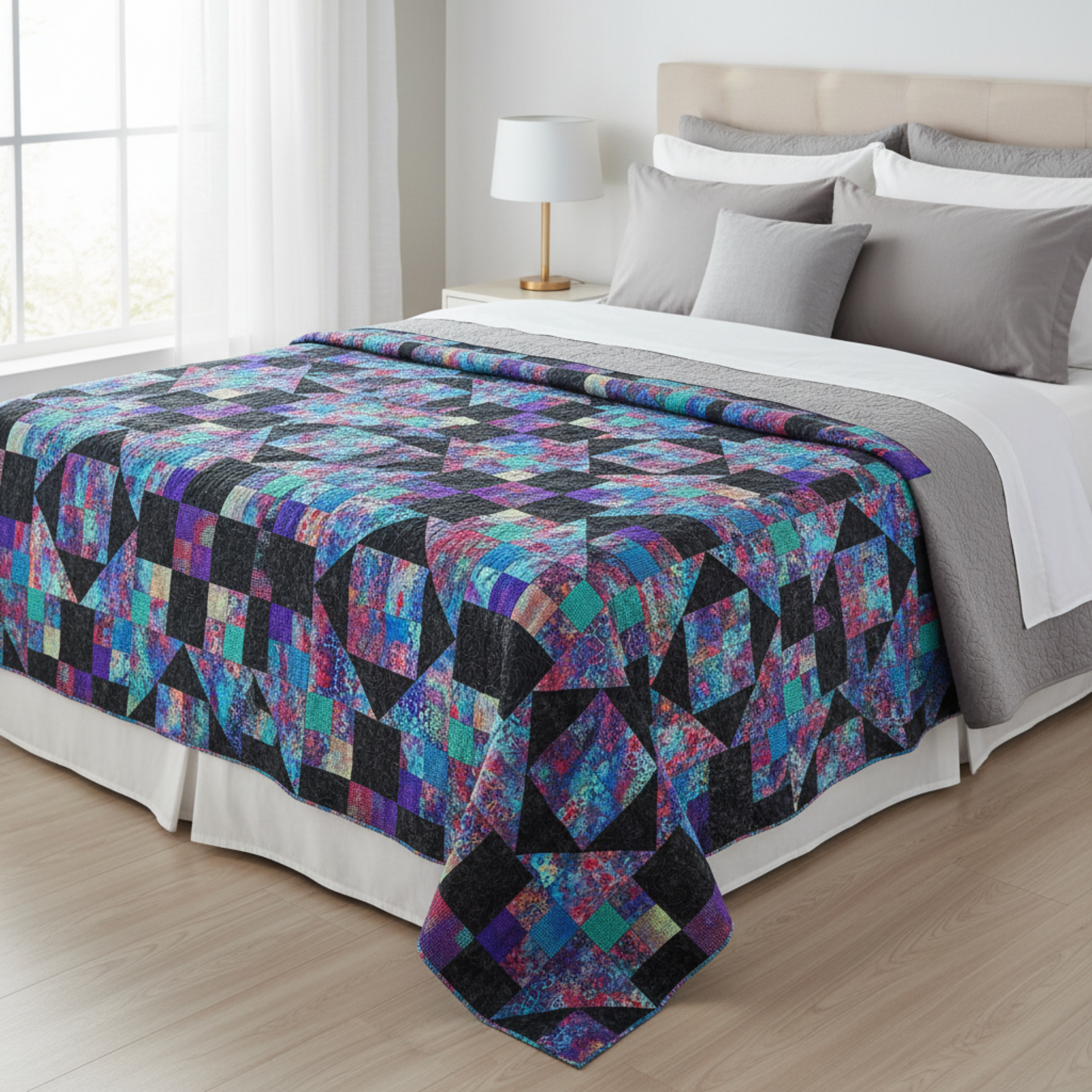 Jewels of the Night handmade quilt styled on a queen or king size bed