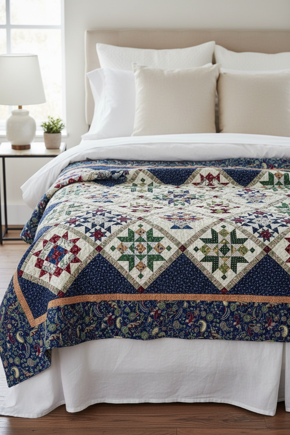 Vintage Sampler quilt draped over a bed showcasing classic design