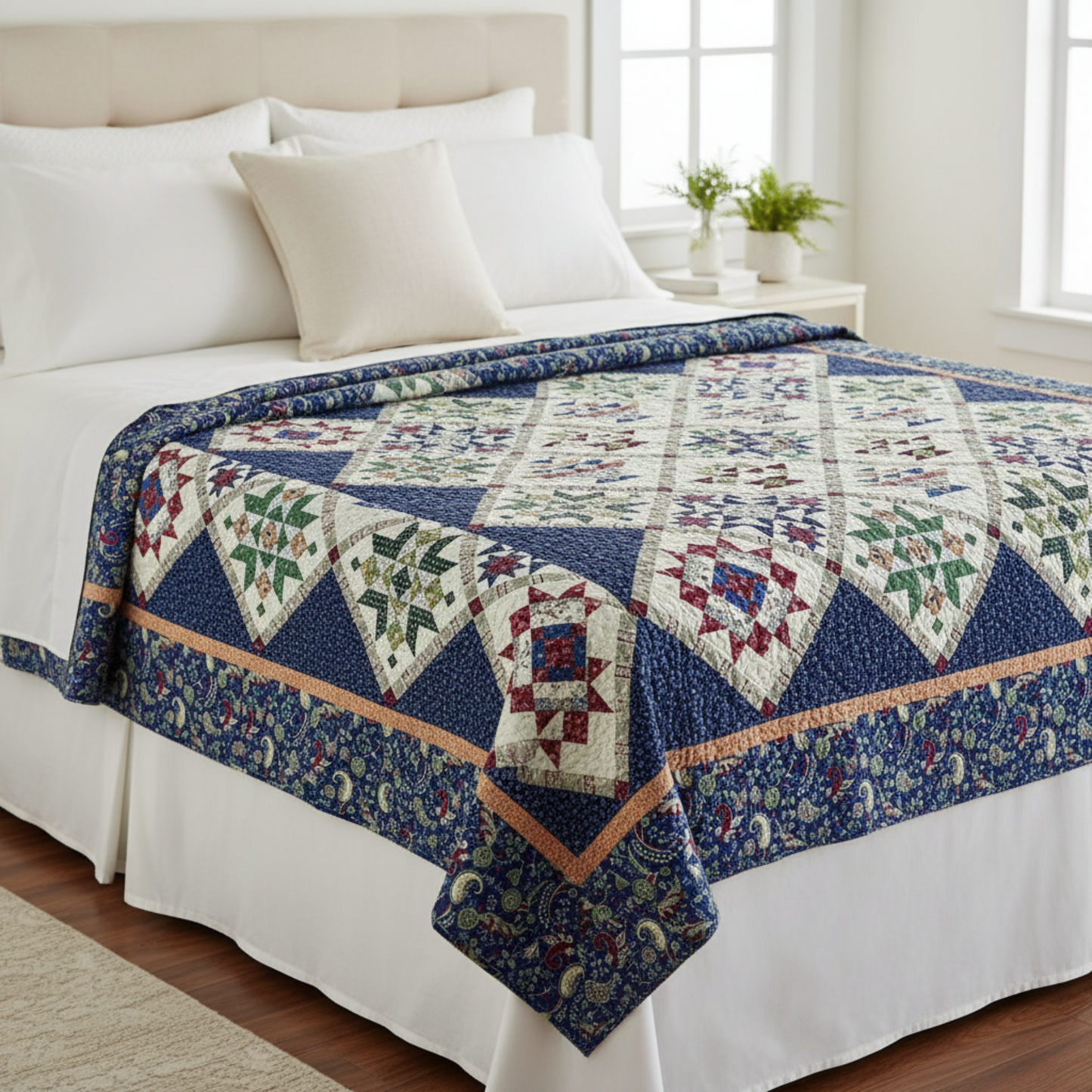 Vintage Sampler quilt draped over a bed showcasing classic design