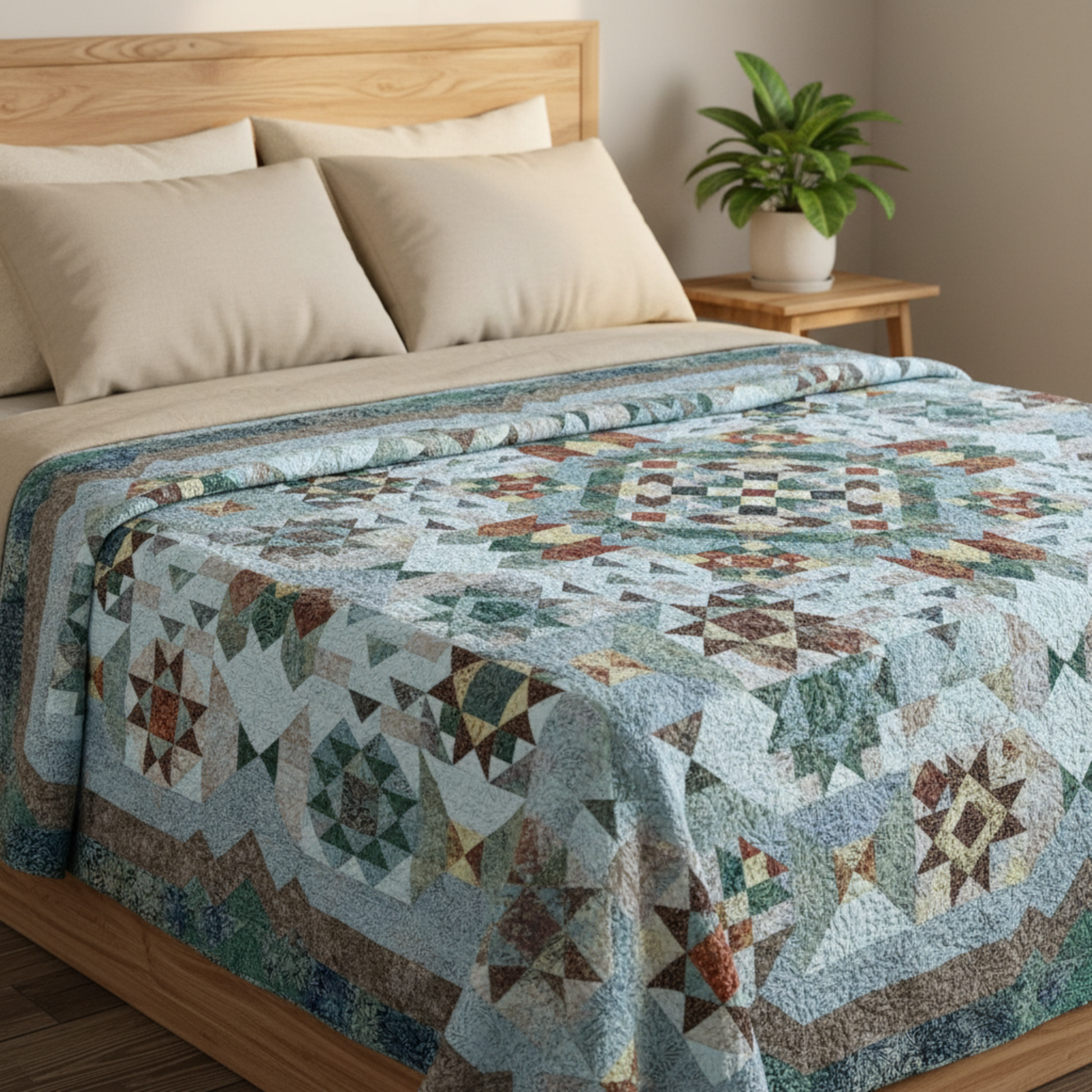 King-size bed styled with the Windsong handmade patchwork quilt in earthy seasonal tones