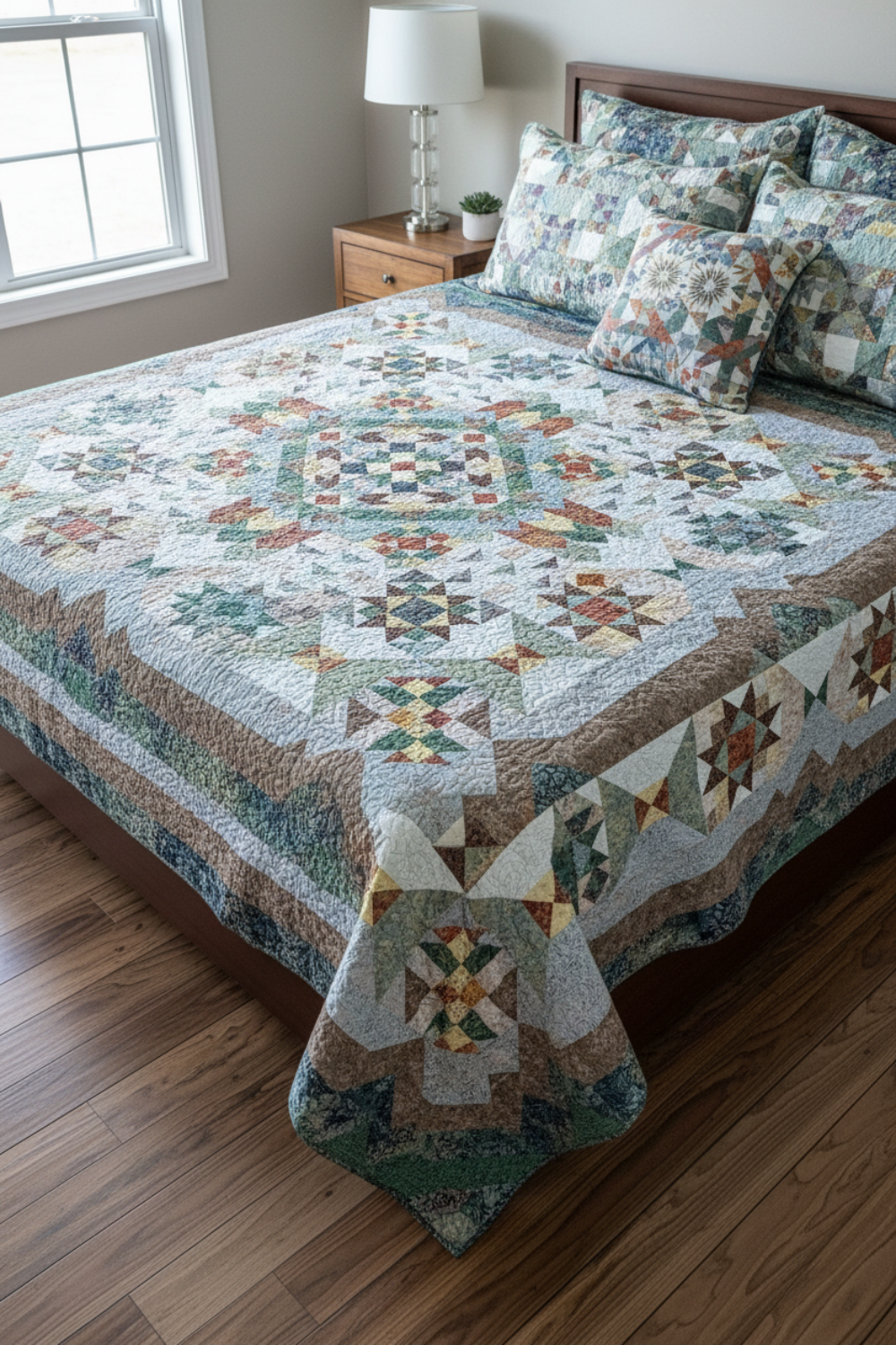 King-size bed styled with the Windsong handmade patchwork quilt in earthy seasonal tones