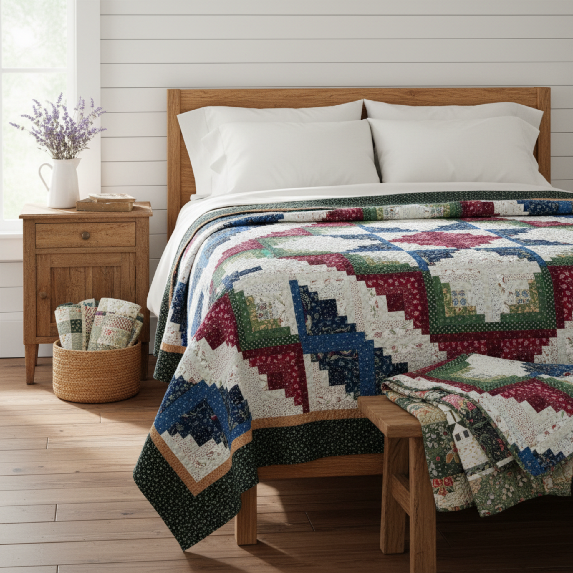 Log Cabin Star handmade quilt styled on twin bed with classic bedroom decor