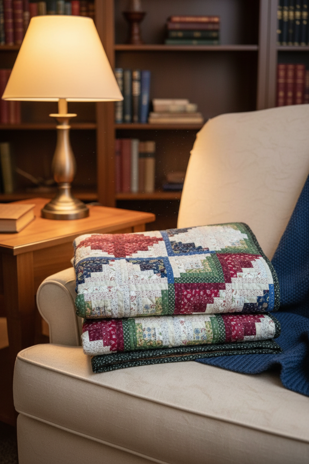 Colorful Log Cabin Star quilt on a beige armchair with a lamp and bookshelf in the background