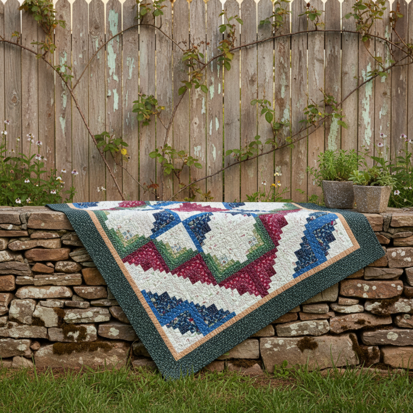 Classic Log Cabin Star quilt with a colorful pattern draped over a stone wall with a wooden fence and plants in the background.