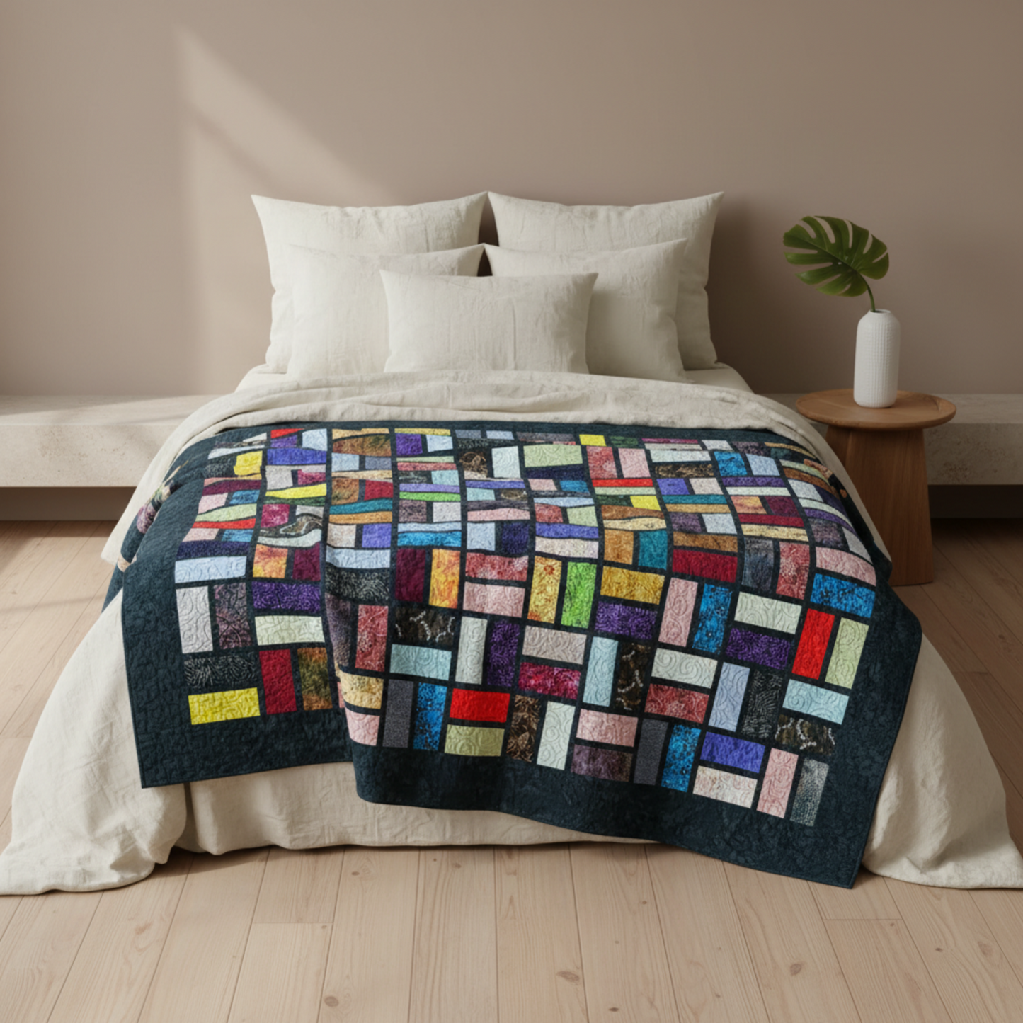 Stained Glass quilt displayed on twin or full bed