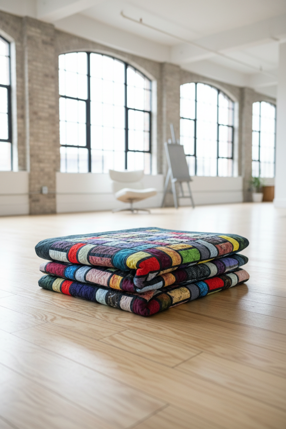 Folded stained glass quilt on a wooden floor with large windows in the background