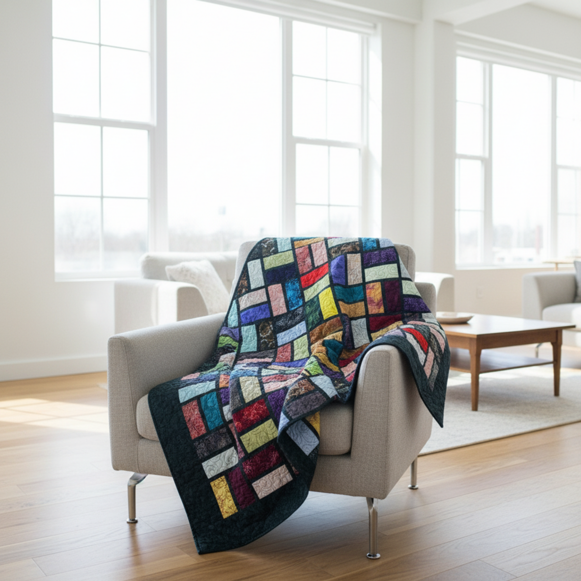 Colorful stained glass quilt draped over a chair in a bright living room.