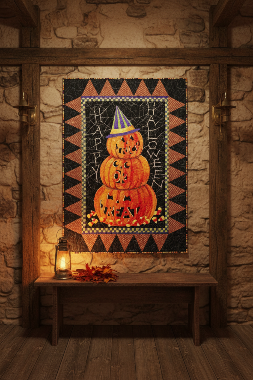 Halloween-themed quilt with pumpkins on a stone wall