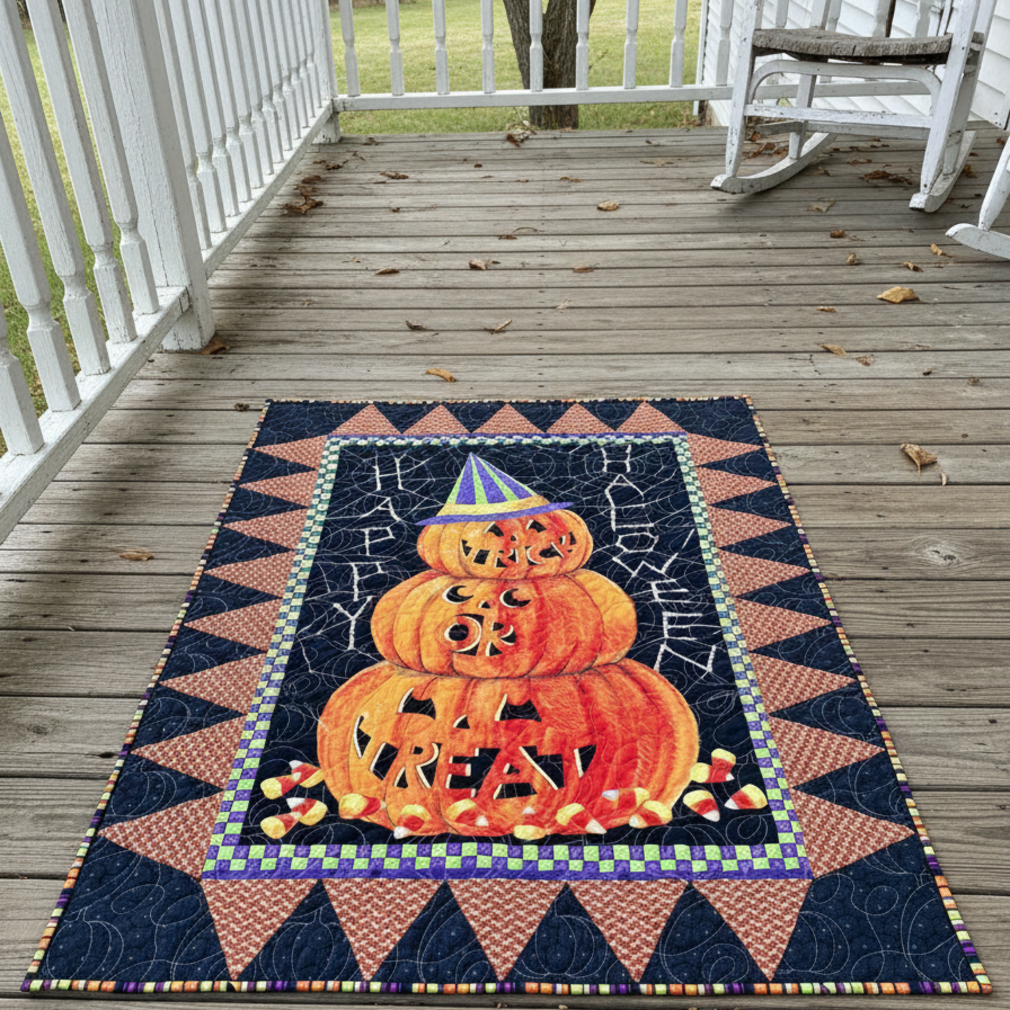 Decorative Halloween-themed quilt on a wooden deck