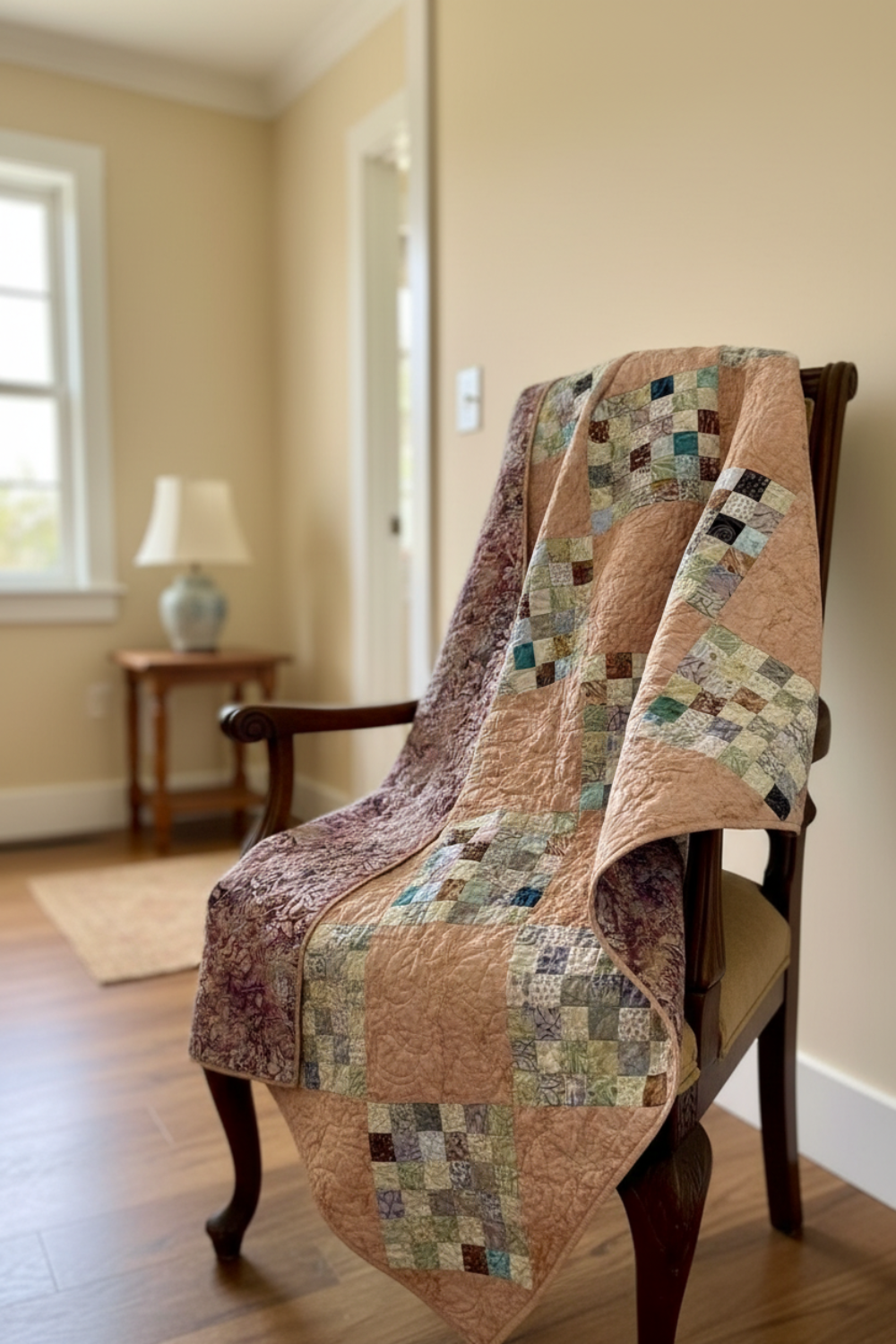 Peach patchwork throw quilt draped over chair in cozy home setting