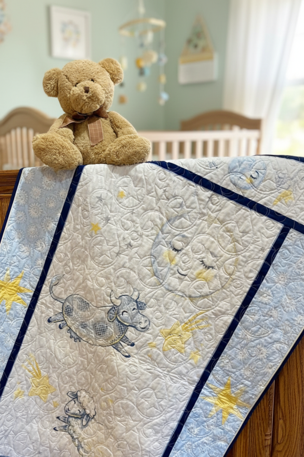 Quilt with animals and teddy bear in a nursery.