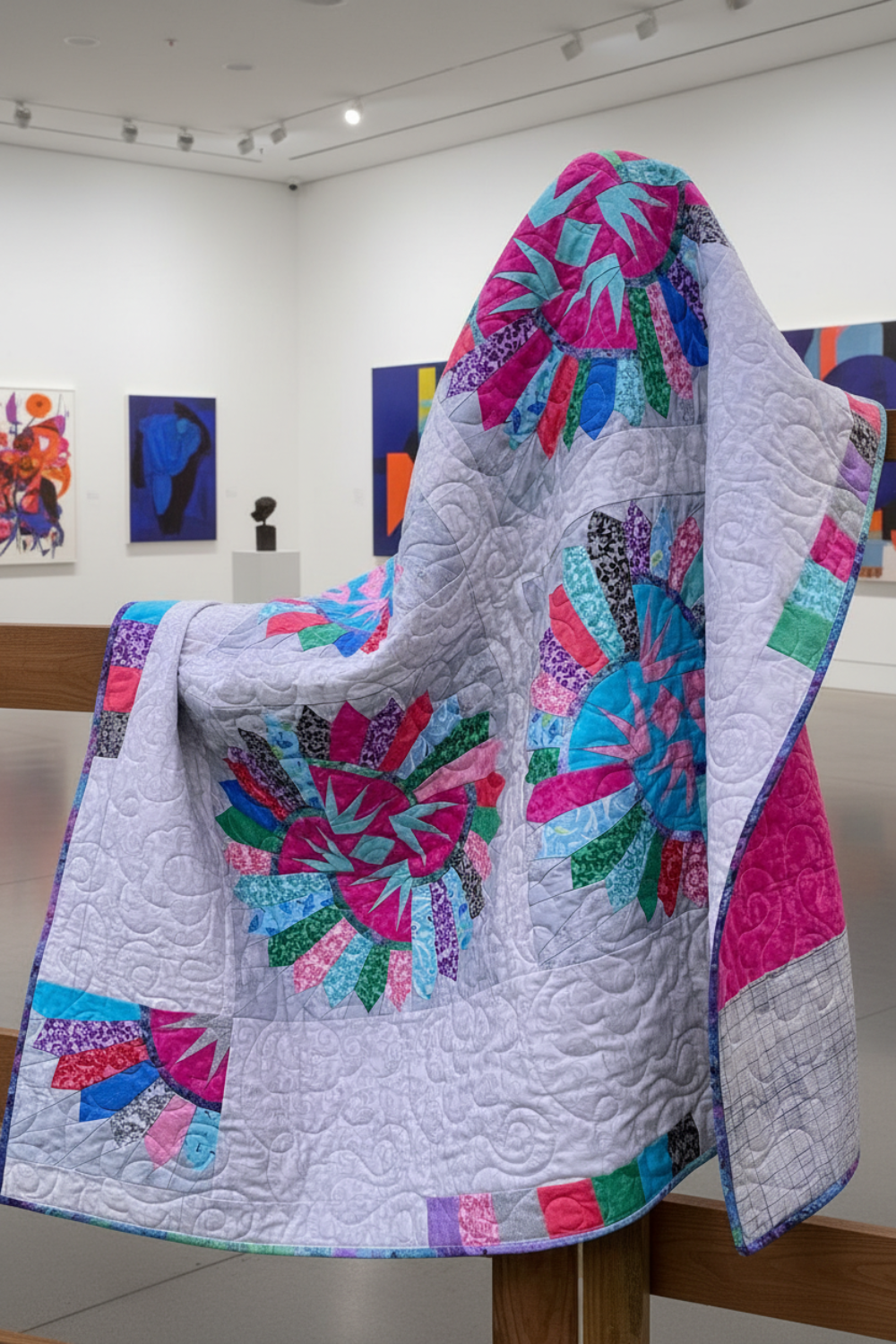 Colorful quilt with floral patterns displayed on a stand against a white wall with abstract art.