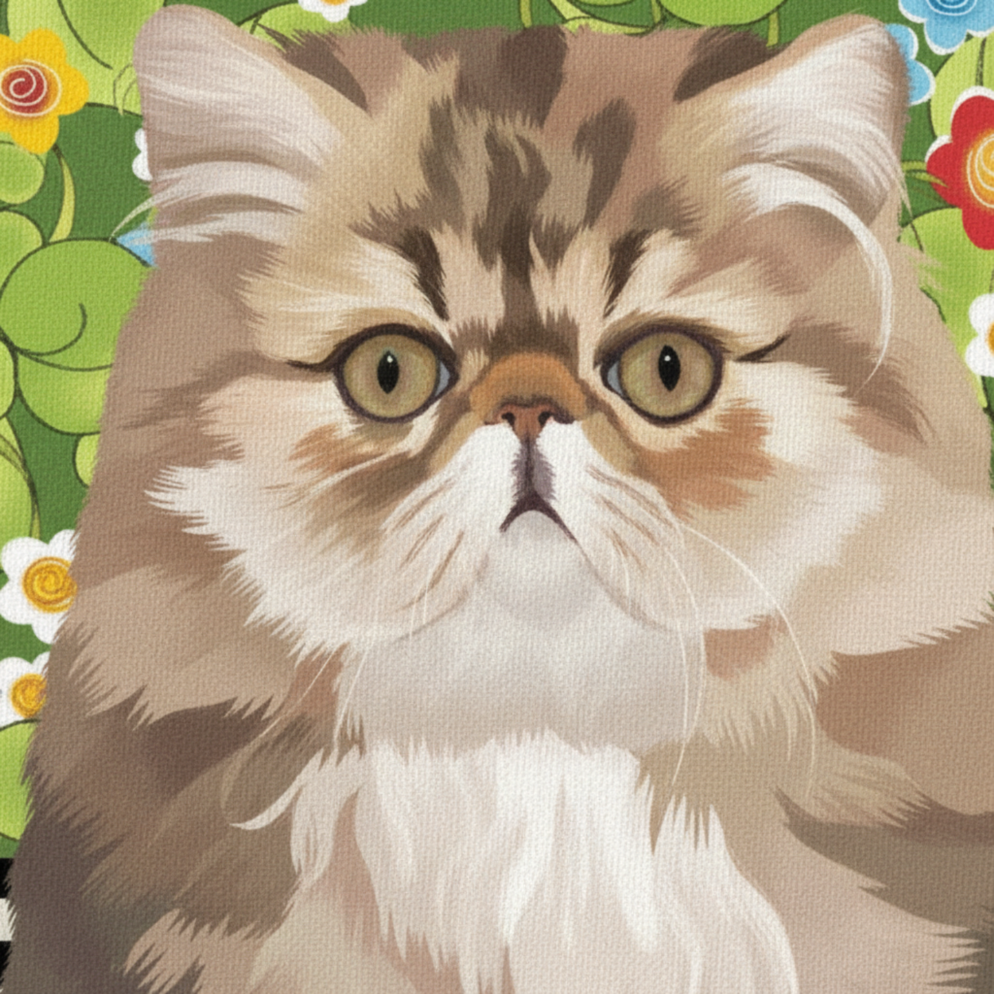 Close-up detail of Pretty Persian Cat Joy fabric art panel by Jody Houghton Designs – fluffy brown and cream Persian cat illustration with folk-art floral background showing fabric print quality and texture
