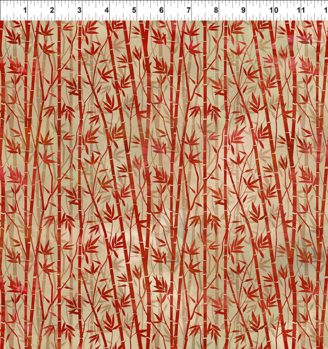 Red bamboo fabric detail by Jason Yenter showcasing elegant Asian-inspired botanical motifs for In The Beginning Fabrics