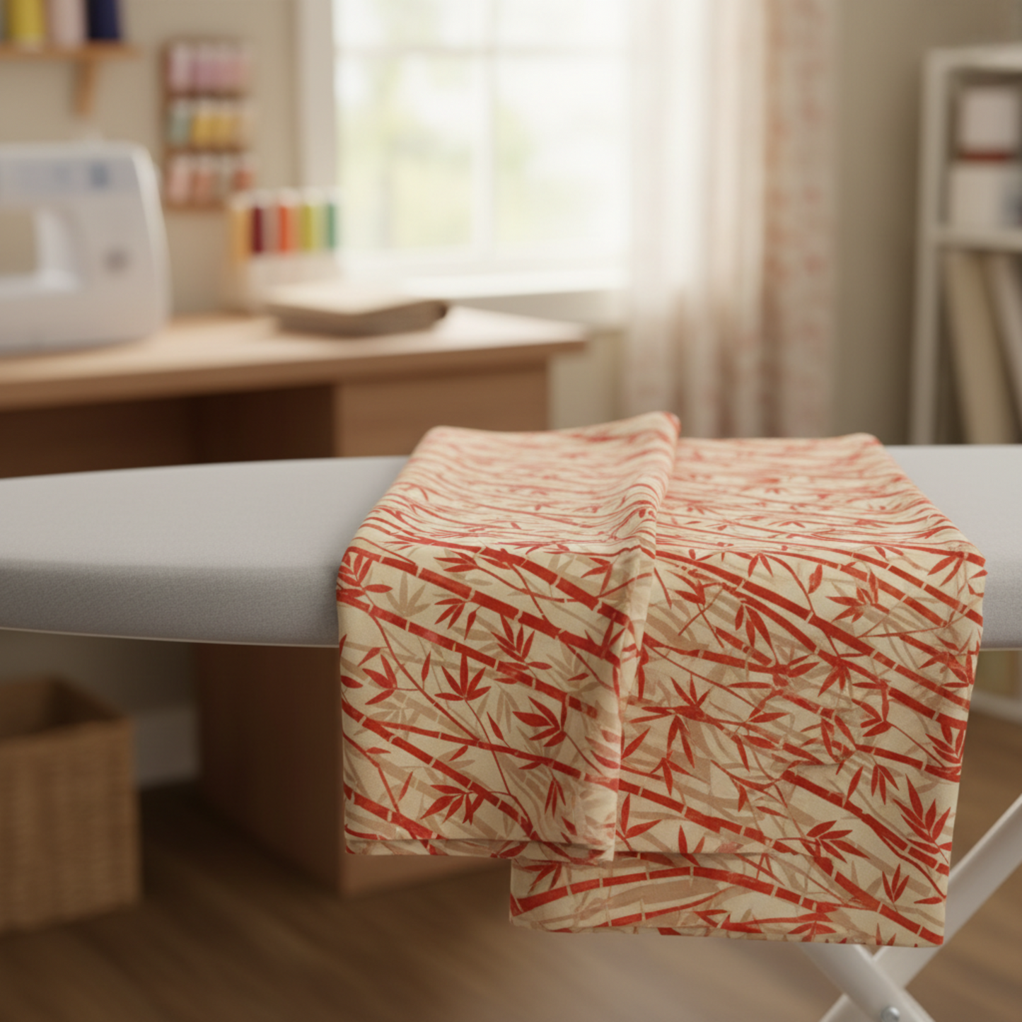 Red bamboo quilting fabric full view displaying elegant Asian garden-inspired pattern perfect for quilt borders