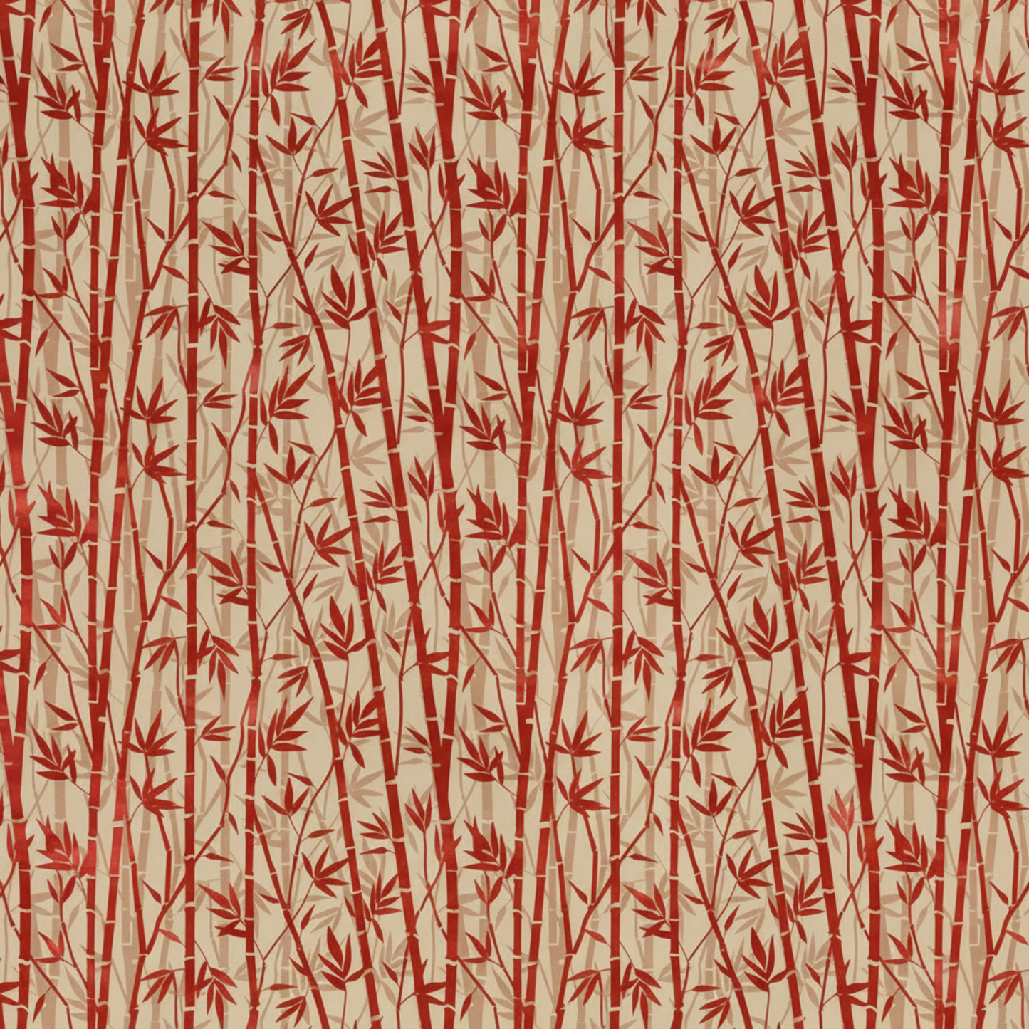 Oriental Gardens Red Bamboo premium quilting cotton with delicate bamboo leaves and stems in deep red hues