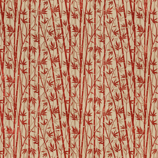 Oriental Gardens Red Bamboo premium quilting cotton with delicate bamboo leaves and stems in deep red hues