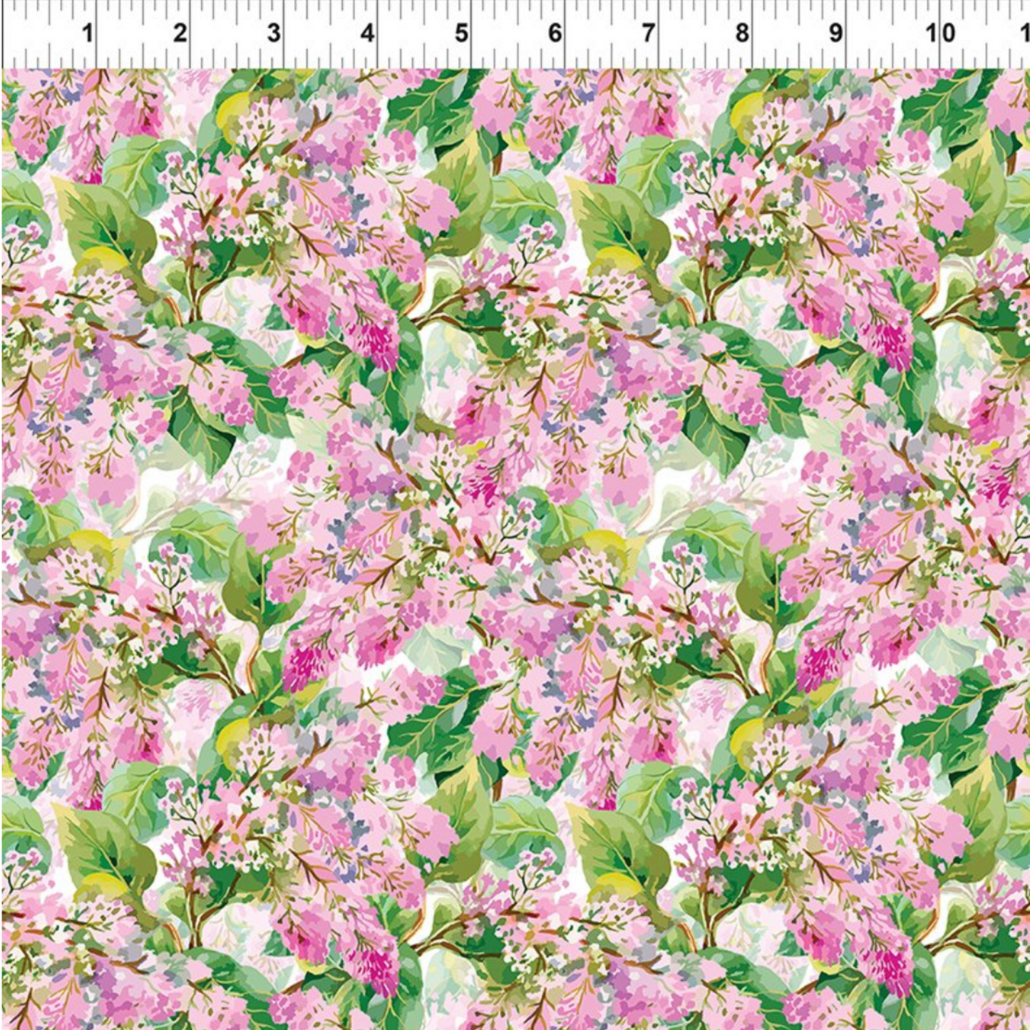 Decoupage Lilac Pink quilting cotton with measuring tape showing floral scale and pattern size