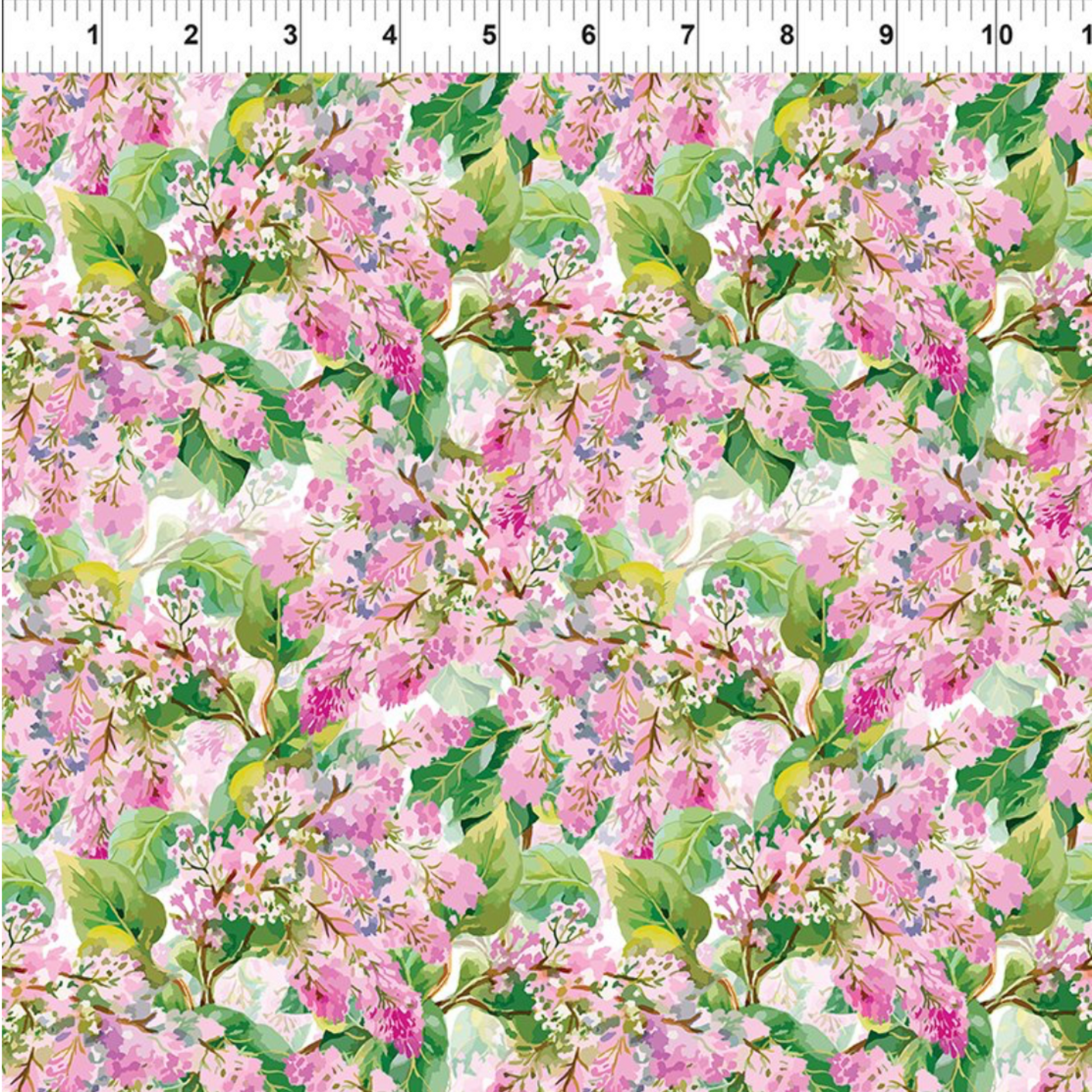 Decoupage Lilac Pink quilting cotton with measuring tape showing floral scale and pattern size