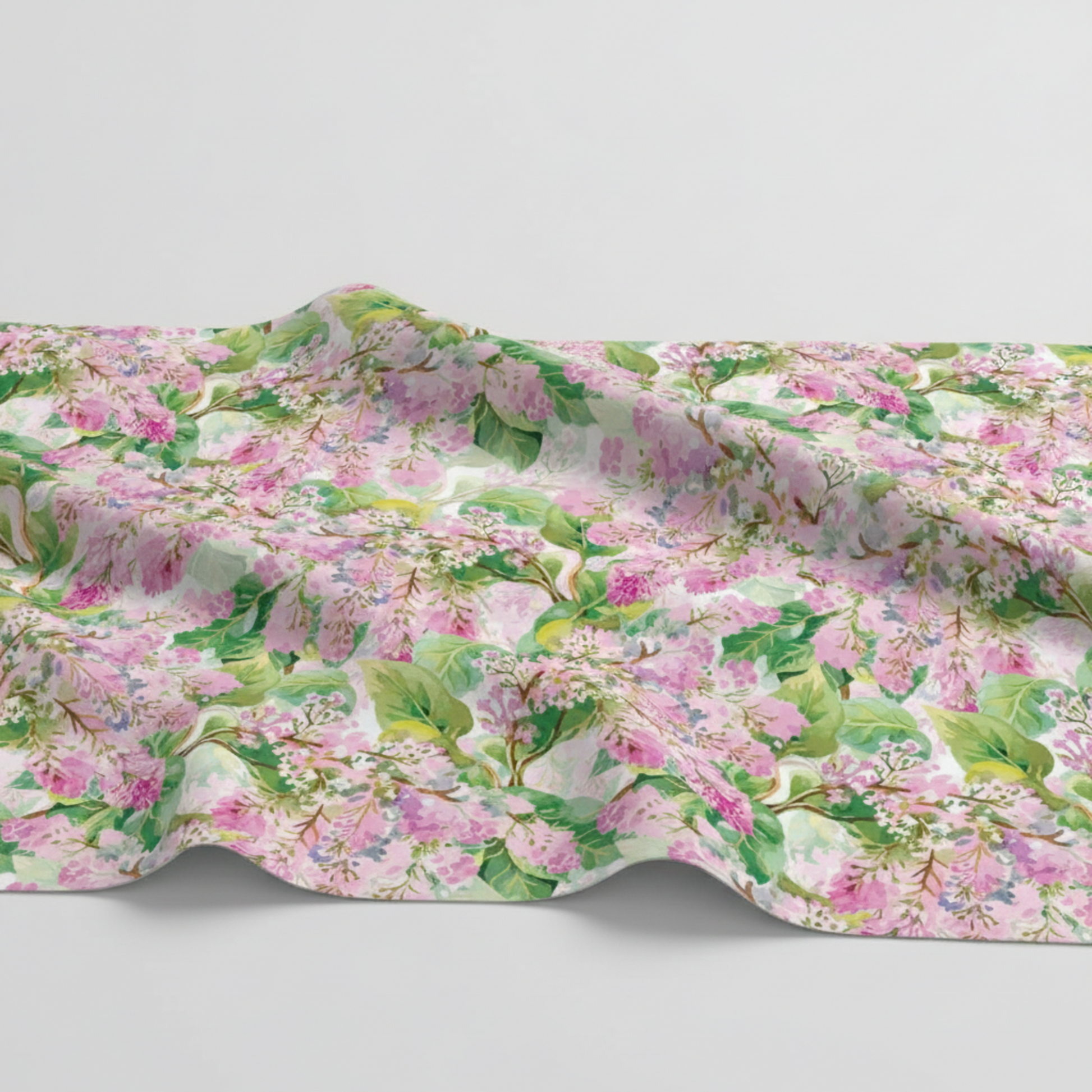 Decoupage Lilac Pink 3 yard cut quilting fabric shown from alternate angle highlighting layered pink and green florals
