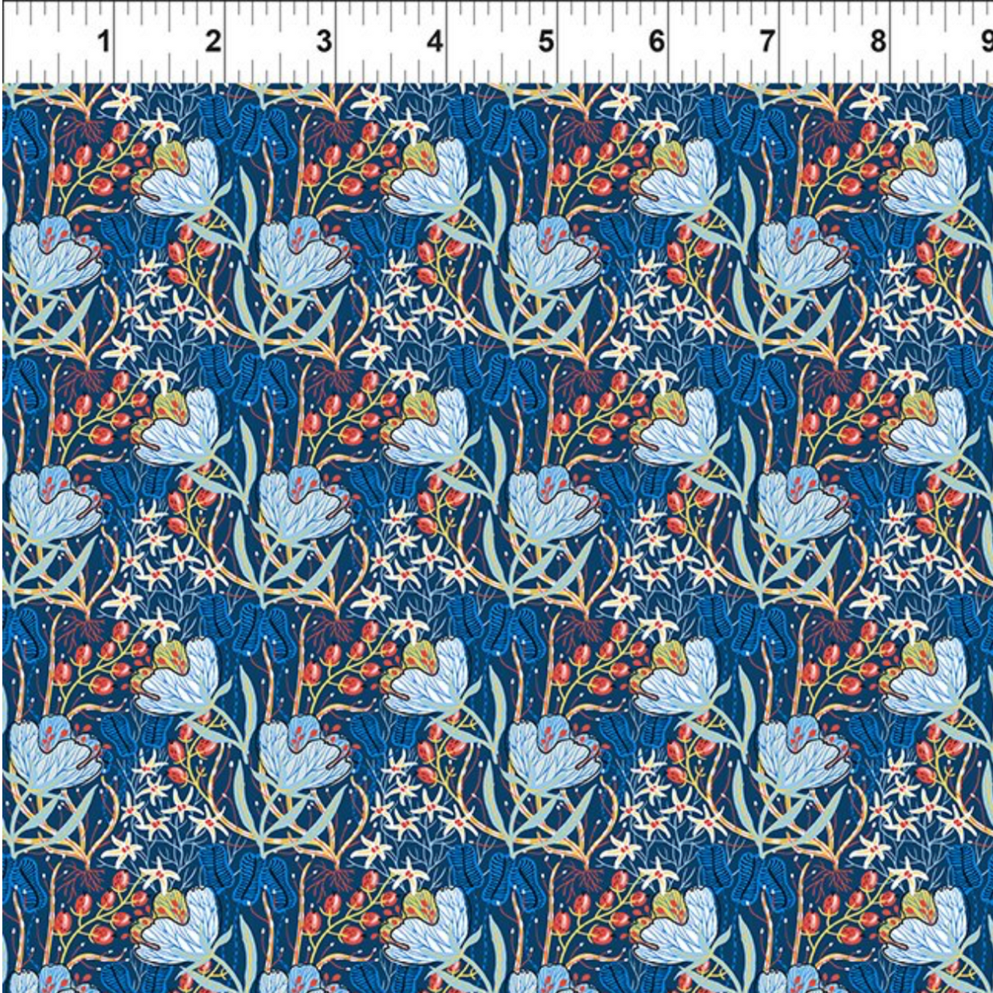 Whimsy Anemones and Berry Pods Blue quilting cotton with measuring tape showing floral scale and pattern size