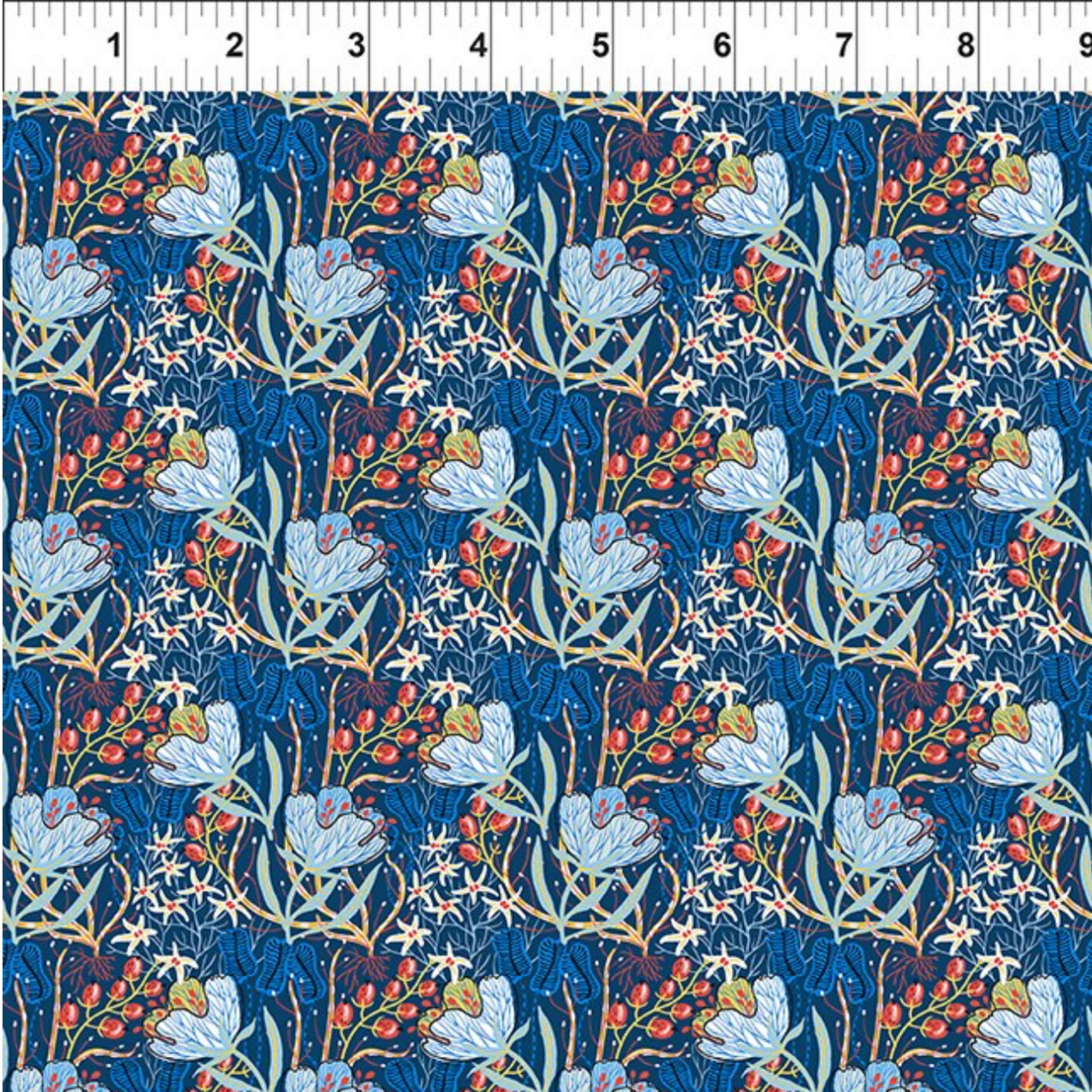 Whimsy Anemones and Berry Pods Blue quilting cotton with measuring tape showing floral scale and pattern size