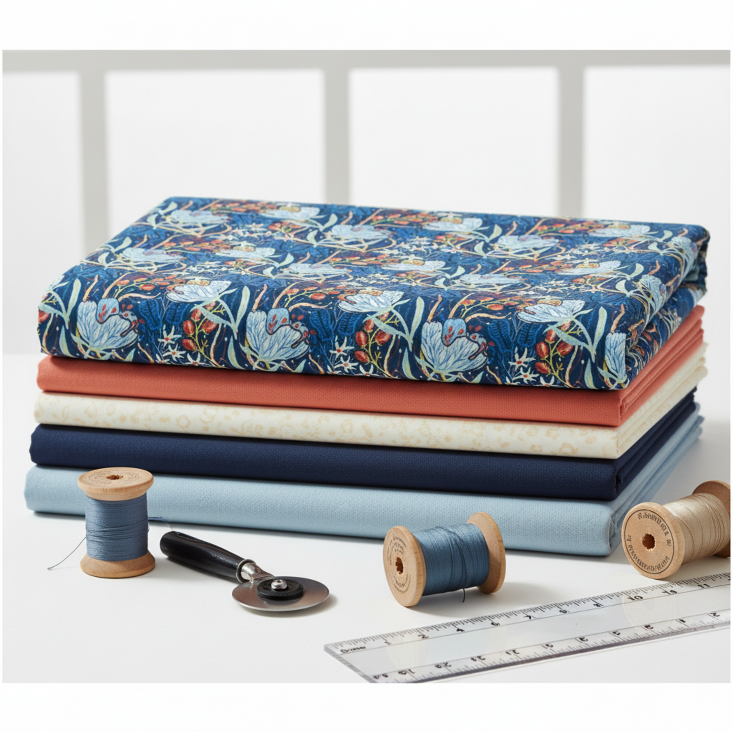 Whimsy Anemones and Berry Pods Blue 3 yard cut quilting fabric shown from alternate angle highlighting delicate anemone blooms and berry pod details