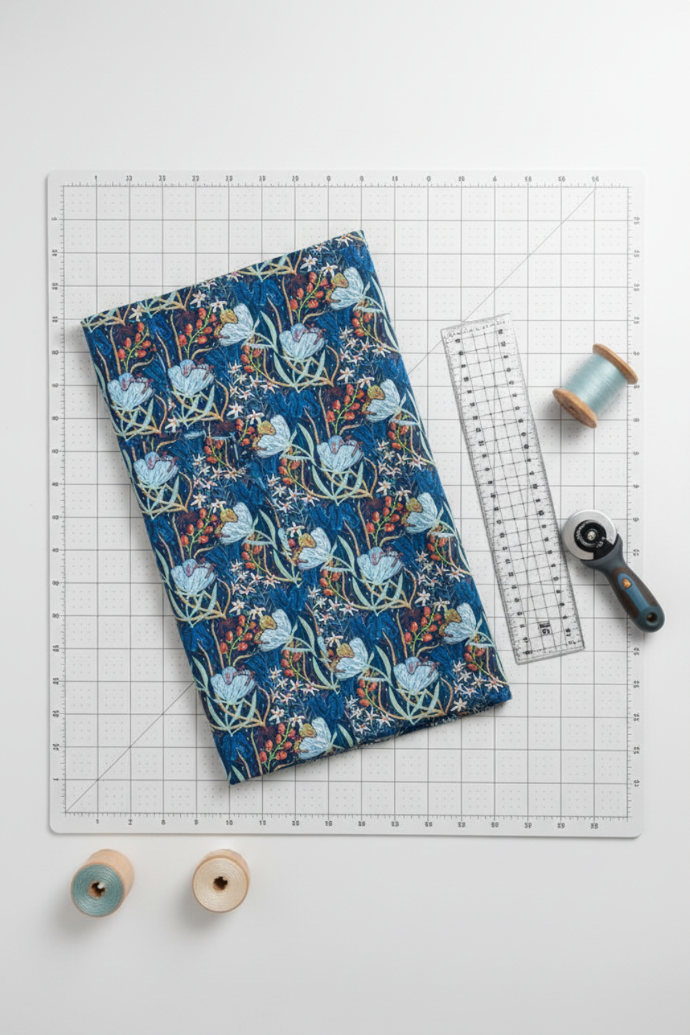 Whimsy Anemones and Berry Pods Blue quilting cotton styled on cutting mat with ruler and rotary cutter – quilt planning lifestyle