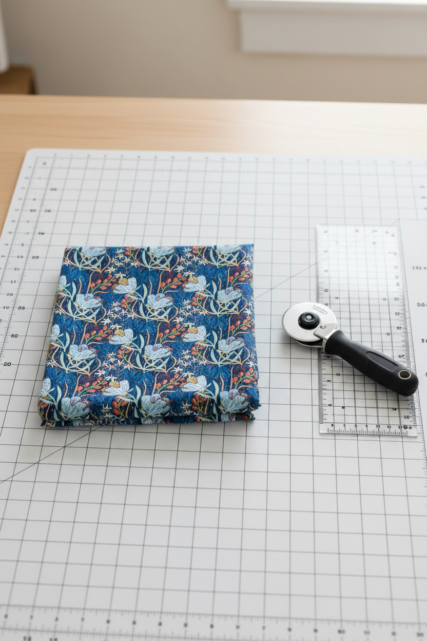 Whimsy Anemones and Berry Pods Blue quilting cotton styled on cutting mat with ruler and rotary cutter – quilt planning lifestyle