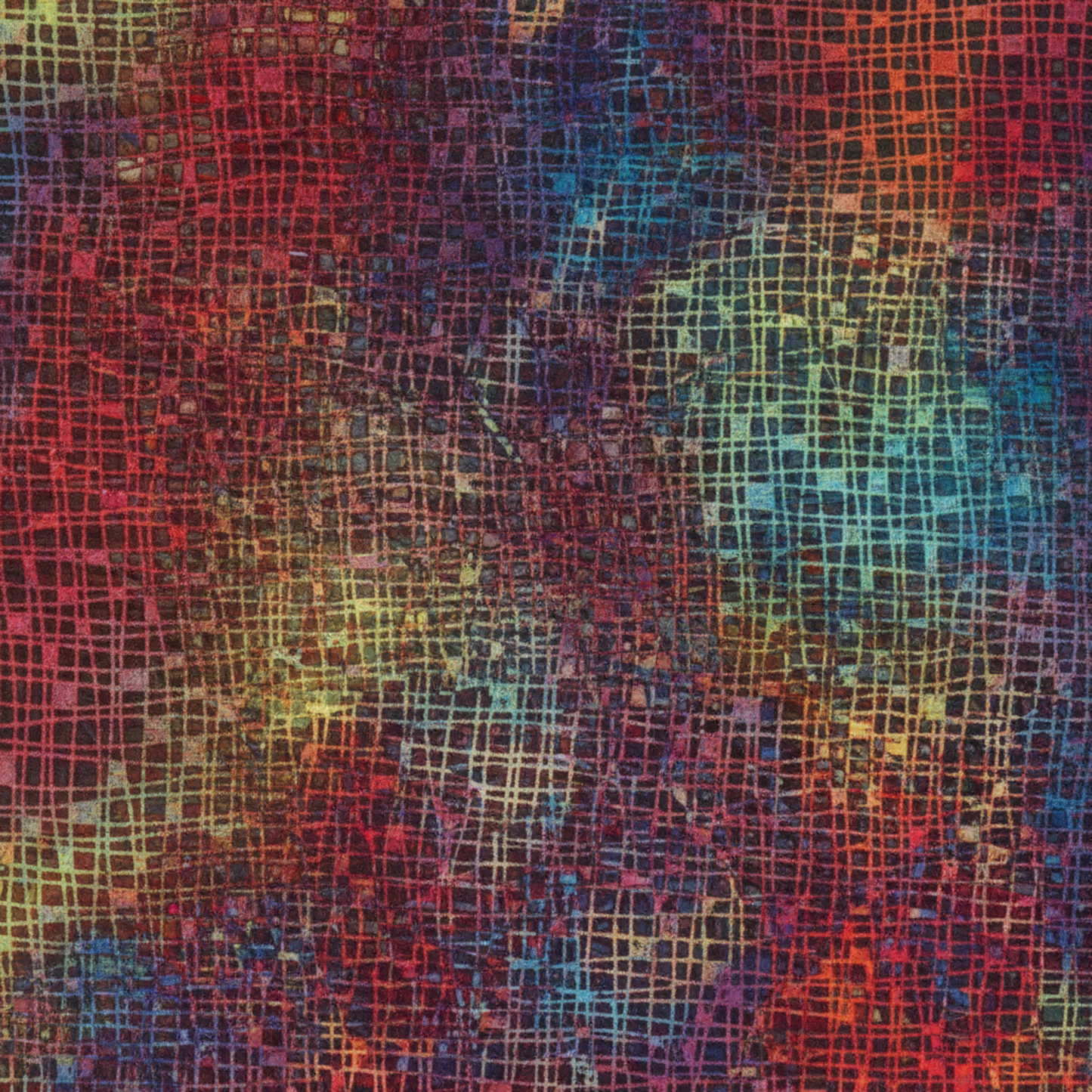 Extreme close-up detail of Impressions Weave Multi Dark fabric revealing complex interlocking woven pattern, textured surface, and brilliant rainbow threads woven through deep charcoal base for contemporary quilting projects