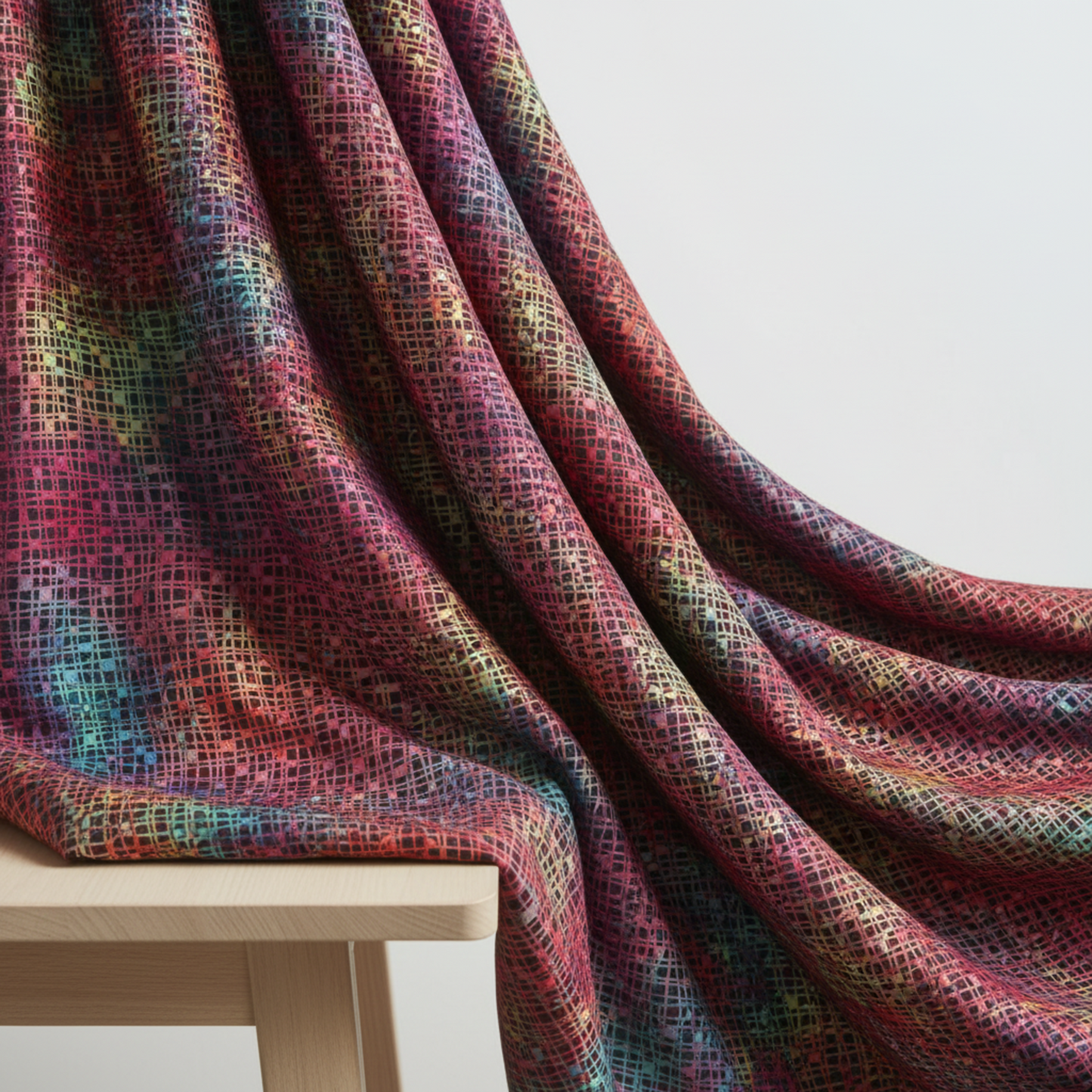Impressions collection Weave Multi Dark fabric by Jason Yenter photographed at angle to highlight dimensional woven texture, depth of dark tones, and how multicolor threads catch light for visual interest in quilted projects