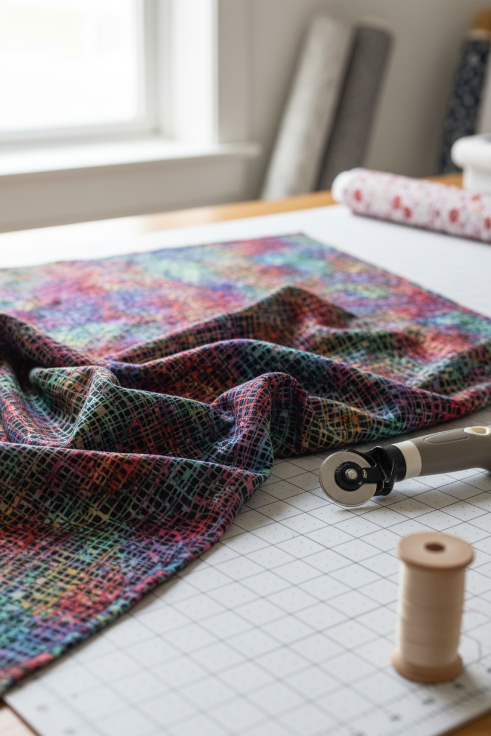 Vertical view of Impressions Weave Multi Dark quilting cotton highlighting continuous woven pattern, rich dark palette with multicolor accents, and versatile 43"/44" width ideal for quilt backs, borders, and contemporary fabric projects