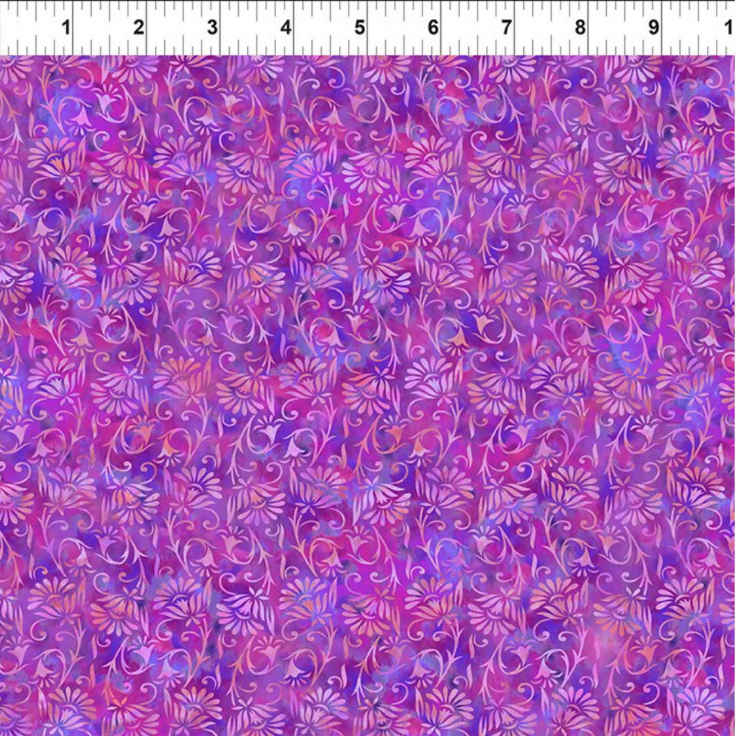 Prism II Blooms in Fuchsia fabric with measuring tape showing scale of kaleidoscopic floral pattern - Jason Yenter premium quilting cotton