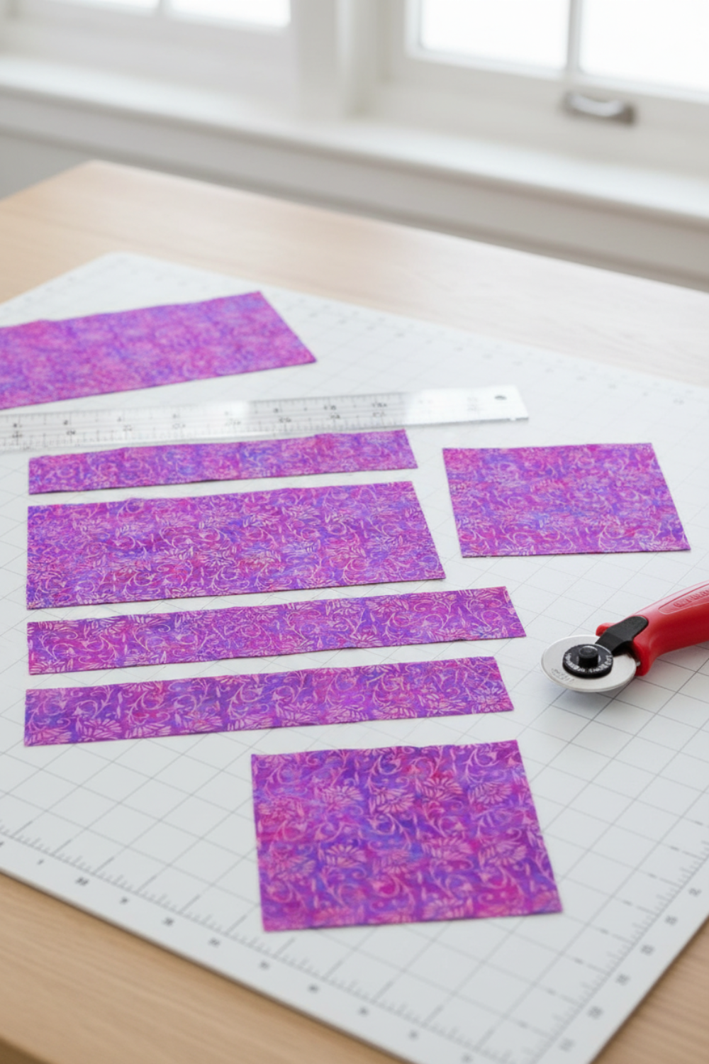 Vertical view of Prism II Blooms in Fuchsia quilting cotton - kaleidoscopic floral pattern ideal for contemporary quilts and statement borders