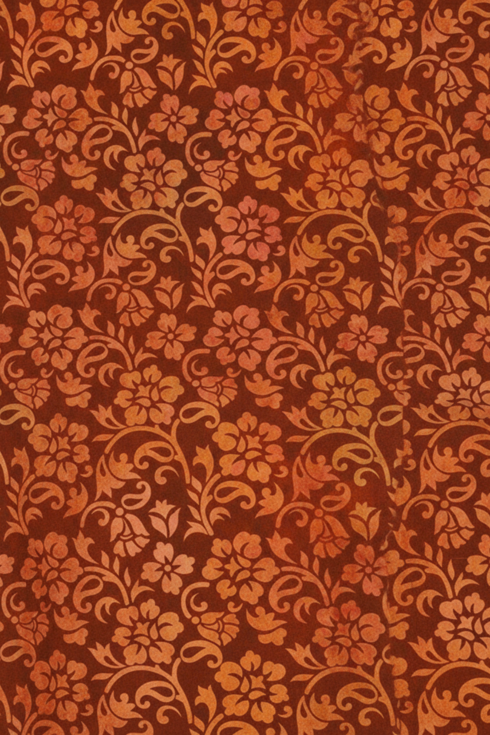 Prism II Rust Floral Vines 3 Yard Cut quilting cotton by Jason Yenter for In The Beginning Fabrics — dense scrolling carnation-style blooms with curling vines and leaf sprays in warm orange, amber, and gold on a rich deep rust-brown mottled ground, a sophisticated tone-on-tone allover perfect for statement quilt backs, bold borders, large blocks, and autumn quilting projects, 100% cotton, 43–44" wide, 3 yard cut.