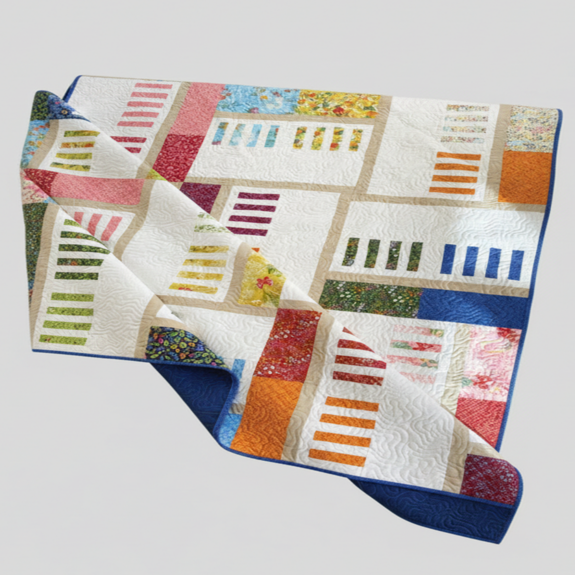 Colorful quilt with geometric pattern on a light gray background