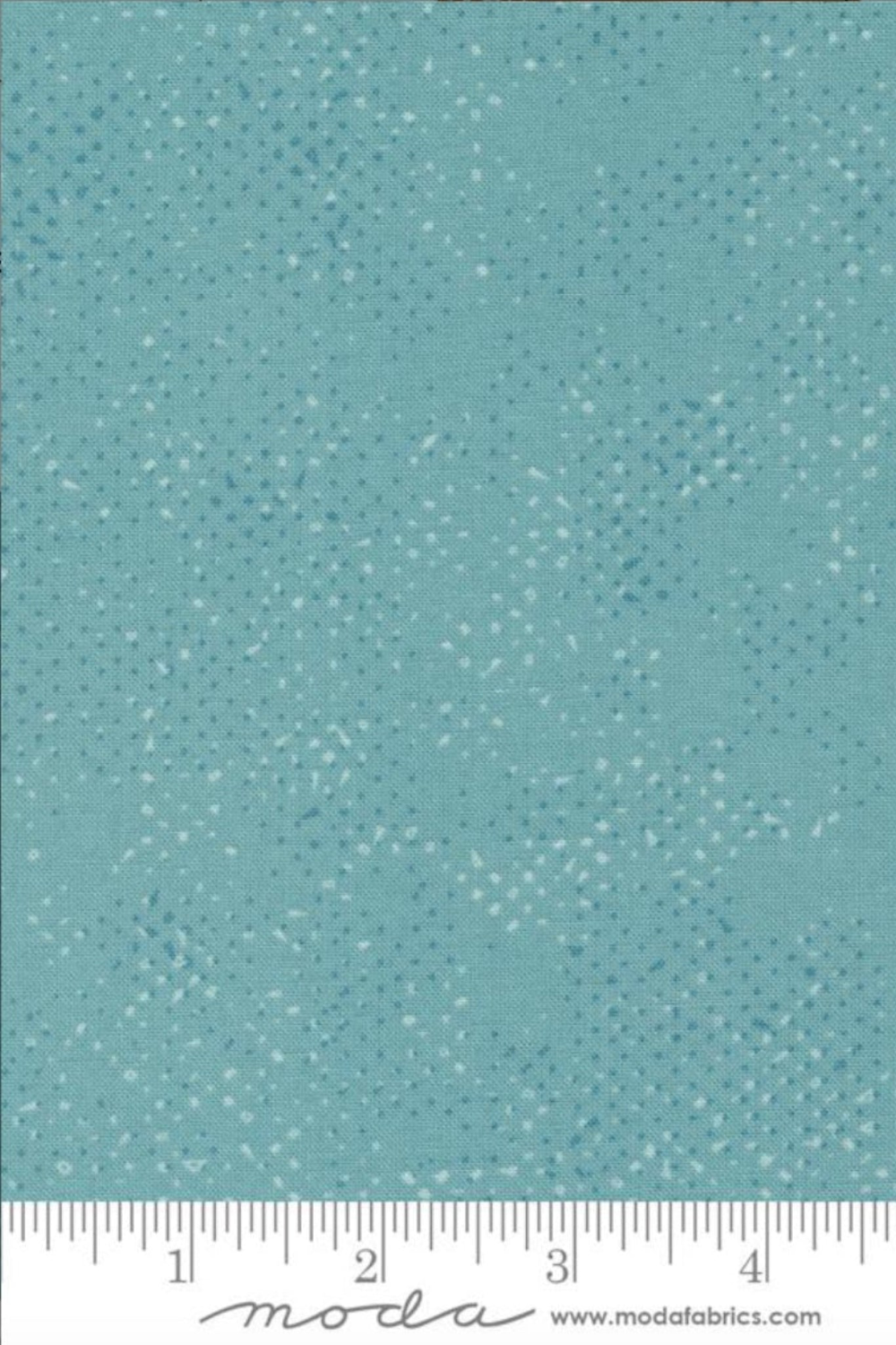 Spotted Dusty Teal fabric by Zen Chic for Moda Fabrics with ruler showing print scale – muted dusty teal-grey tonal speckled near-solid blender, perfect for quilt backgrounds, sashing, and borders, pairs beautifully with soft florals and cool neutrals, 100% cotton