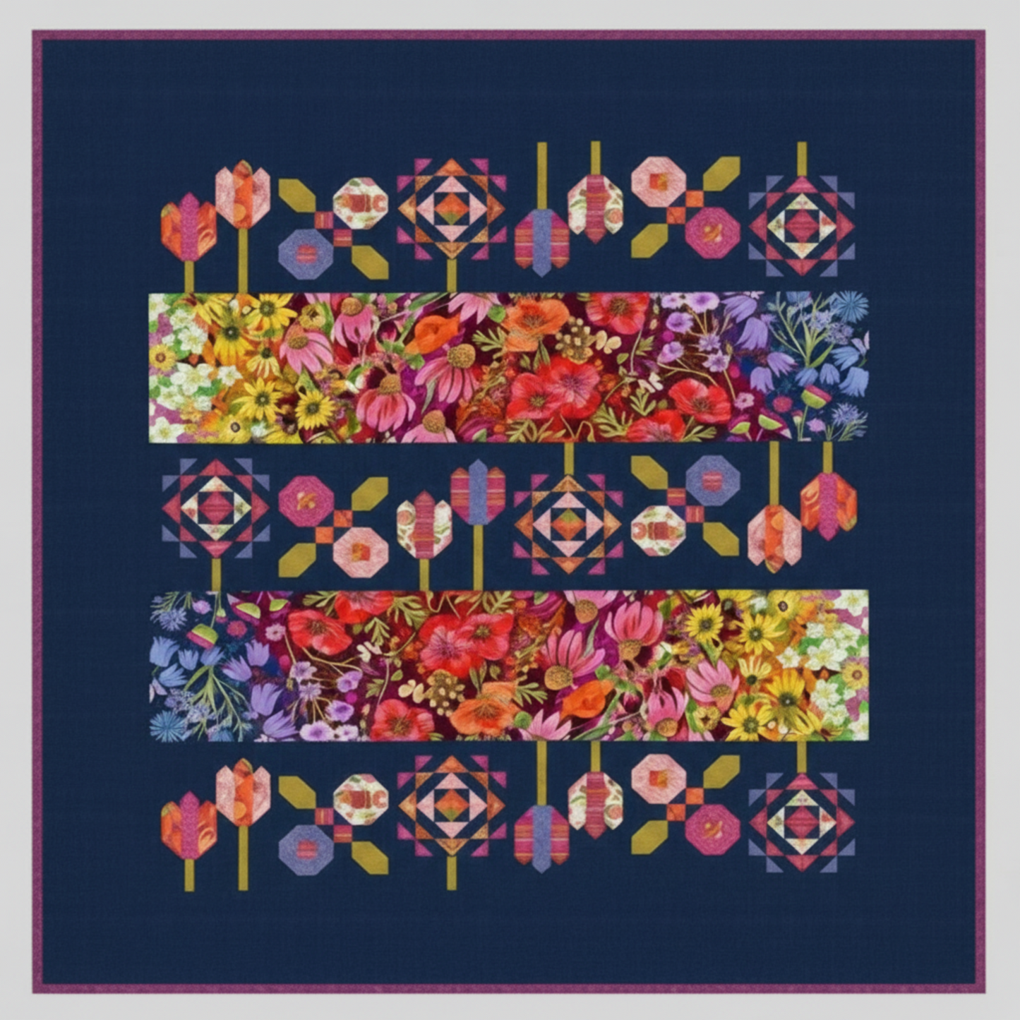 Colorful floral and geometric pattern on a dark blue background