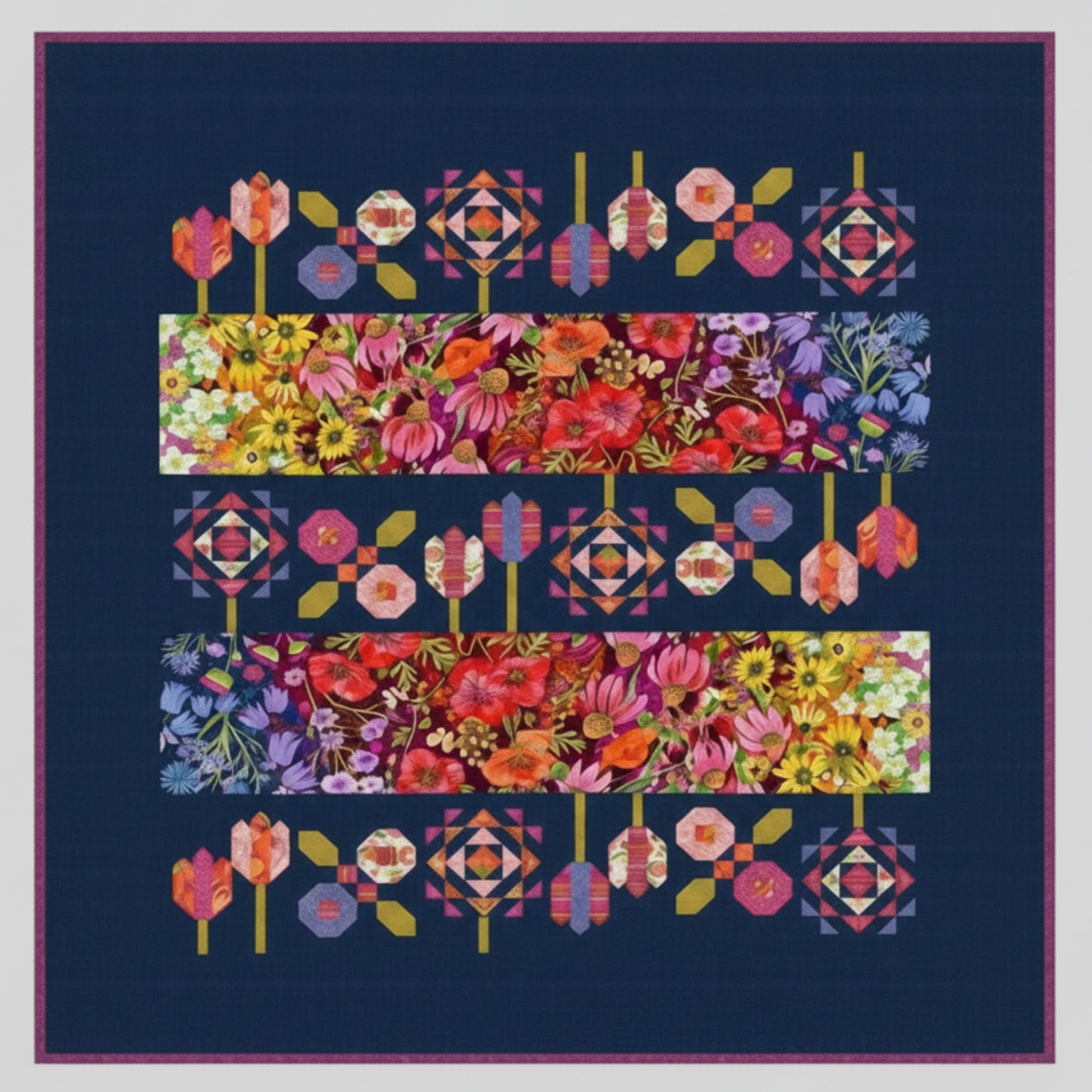 Colorful floral and geometric pattern on a dark blue background