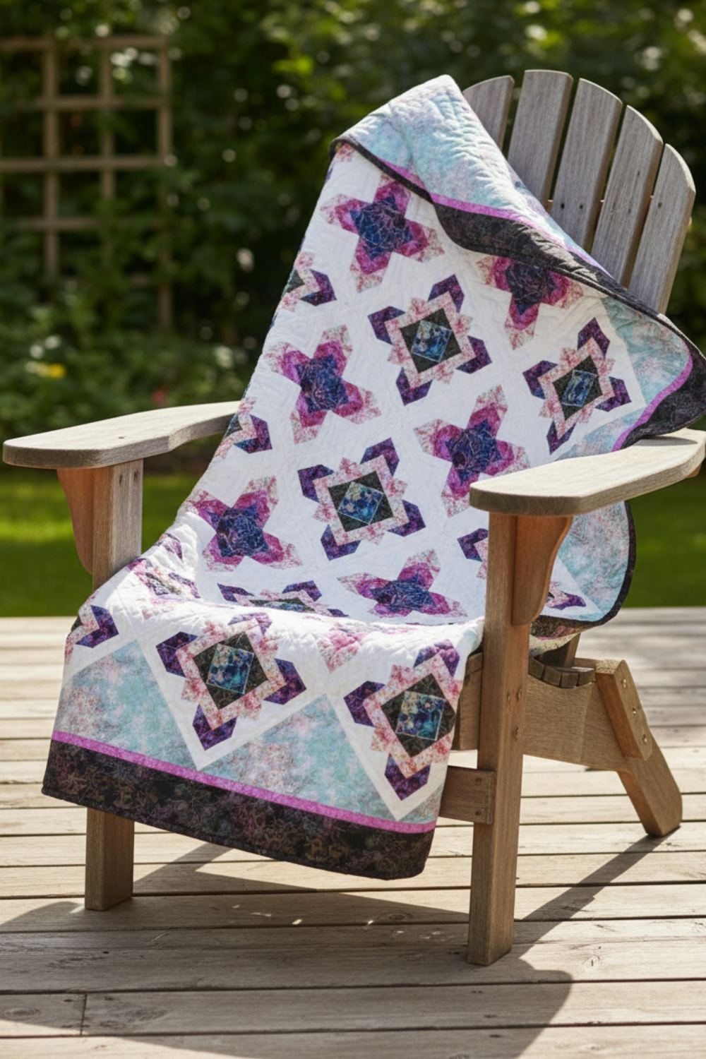 Quilt with a floral pattern draped over a wooden chair outdoors.