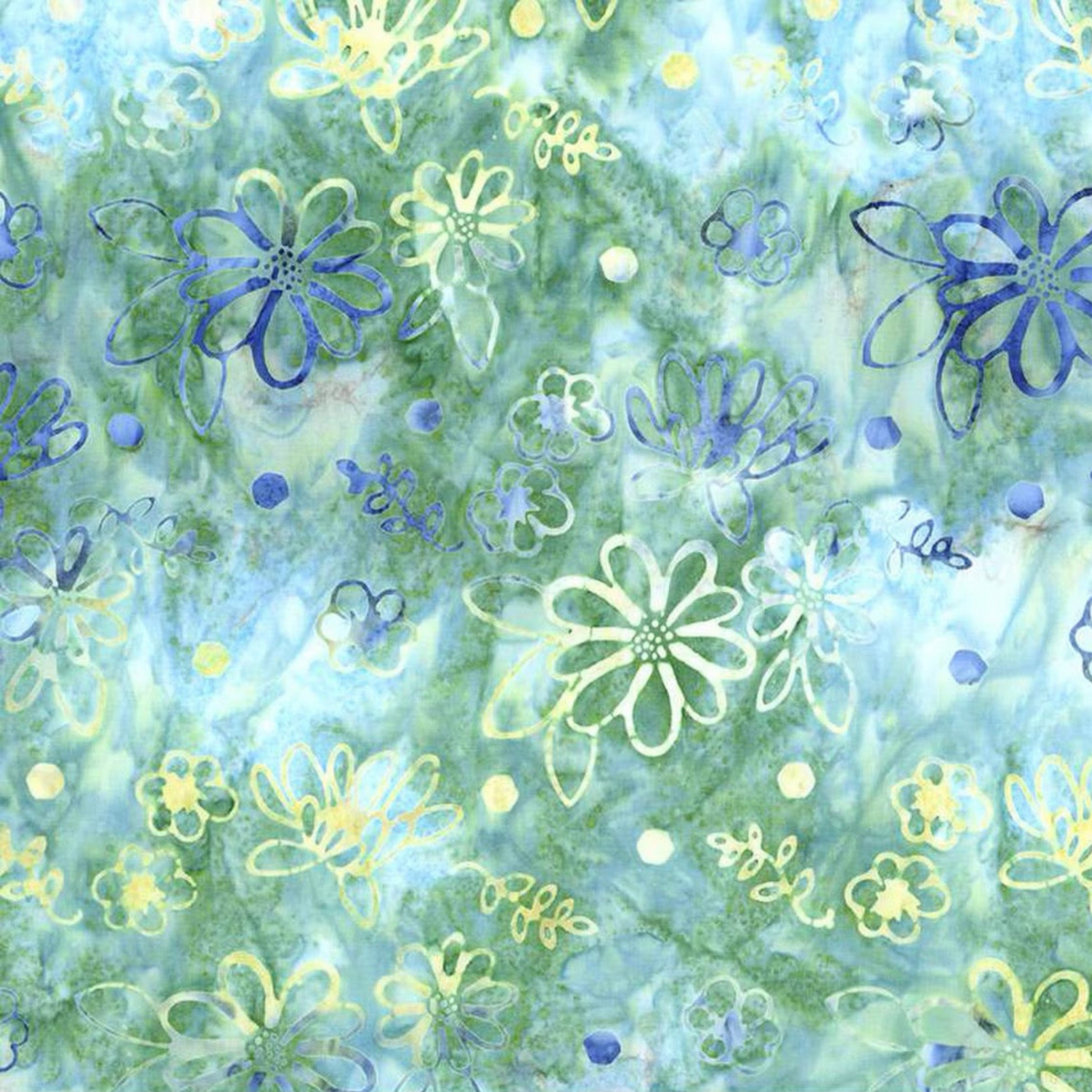 Close-up of Watercolor Daisies Caribbean Shale batik fabric by Beverly McCullough for Riley Blake Designs, showing outlined daisies, small blossoms, dots, and sprigs on a watery aqua-green ground.