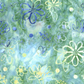 Close-up of Watercolor Daisies Caribbean Shale batik fabric by Beverly McCullough for Riley Blake Designs, with blue and pale yellow outlined daisies, dots, and sprigs on a mottled aqua-green ground